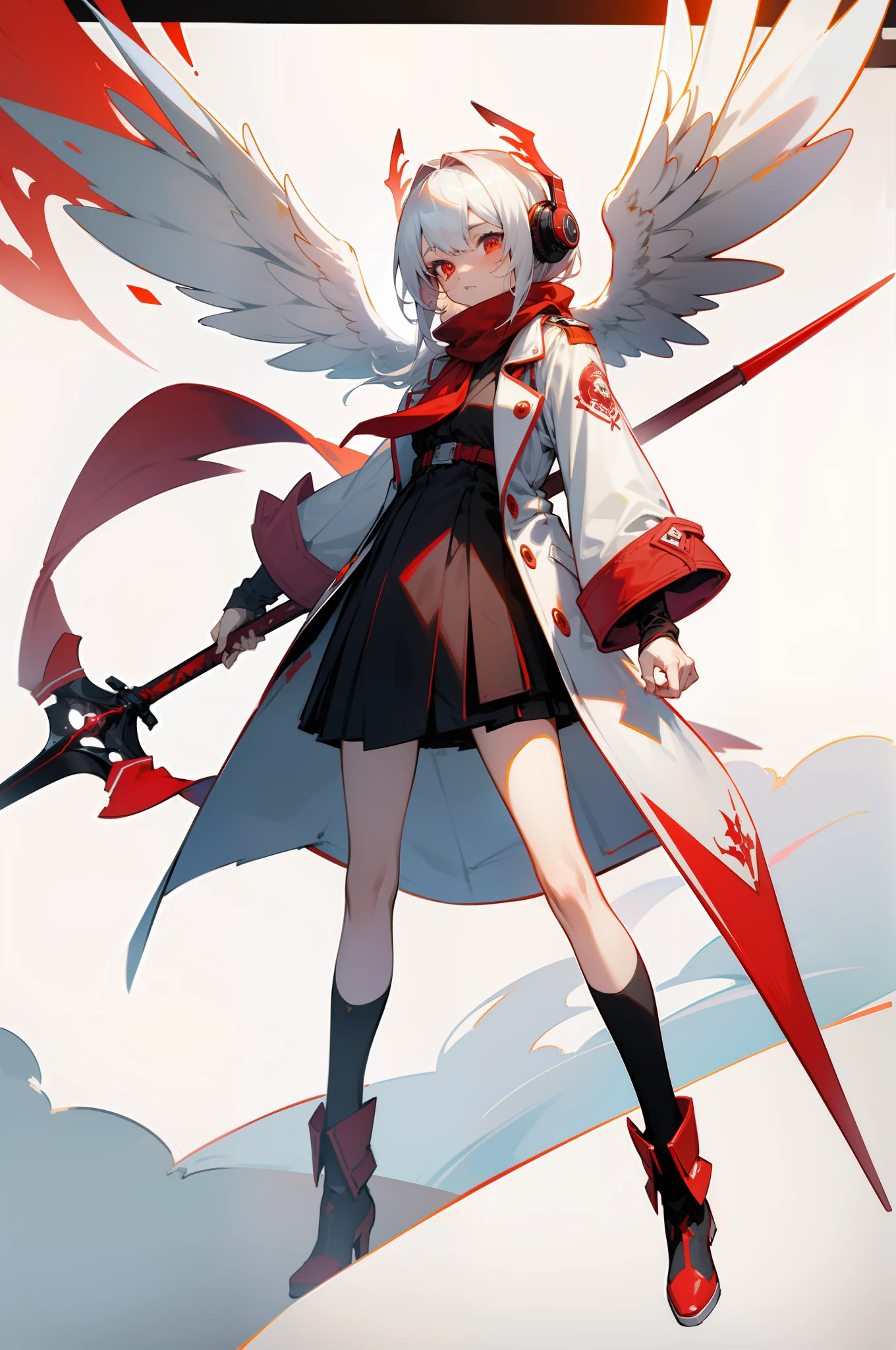 teens girl，White hair，Red glowing eyes, sportrait, photorealestic,Red and white trench coat，Red scarf，black reotard，There are green numbers on it，（cropped shoulders），longer sleeves，Red and white headphones，Multiple pairs of angel wings，Light wings hang around，side-lighting, the wallpaper, NSFW, Depicting female characters from ethereal anime in a high-quality anime art style。vibrant with colors，Colorful background，Spear in hand