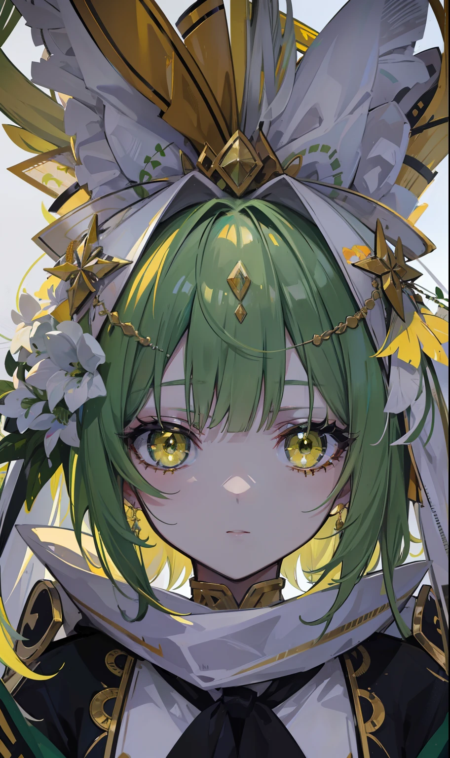 Greenish-yellow hair,Yellow-green pupils,White clothes with green and yellow are embellished with gold and silver ornaments,She is a natural cute girl