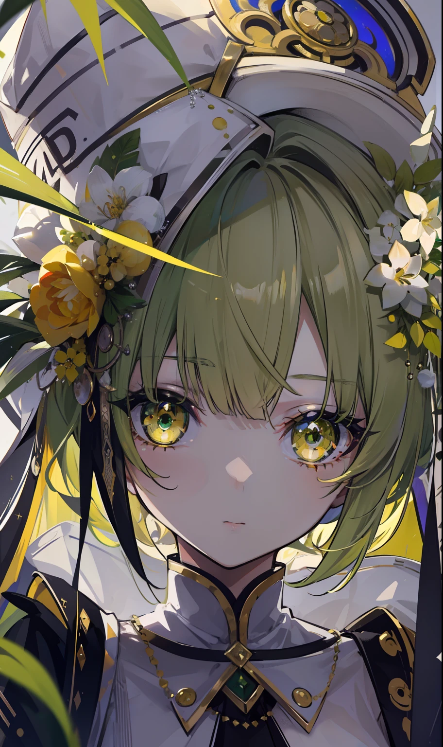 Greenish-yellow hair,Yellow-green pupils,White clothes with green and yellow are embellished with gold and silver ornaments,She is a natural cute girl