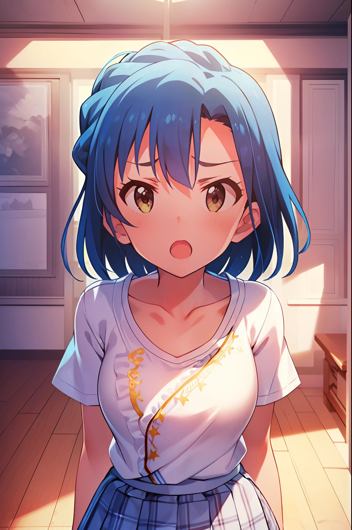 yuriko nanao (million live). Short stature. (((white t-shirts))).(((Skirt))).(((masterpiece))).(((best quality))).((Ultra-detailed))).(((illustratio))).(((a room))).(((make a fist))).(((up chest))).Despair face.((short-hair)).((big breasts)).((Opening Mouth)).