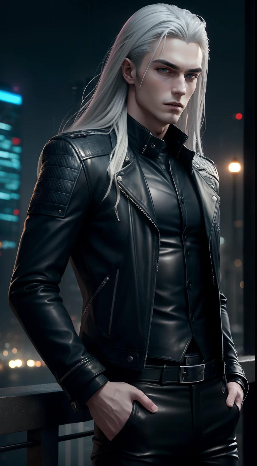 (A beautiful 25 years old British male vampire), (long silver hair), (pale skin), (serious face), (wearing blue leather jacket and black long pants), (modern city at rain background), view from front, waist up shot, dynamic pose, ambient lighting, photo realism, intricate face detail, intricate hand details, highly detailed, vibrant colors, cinematic, high definition, trending on Artstation--style raw