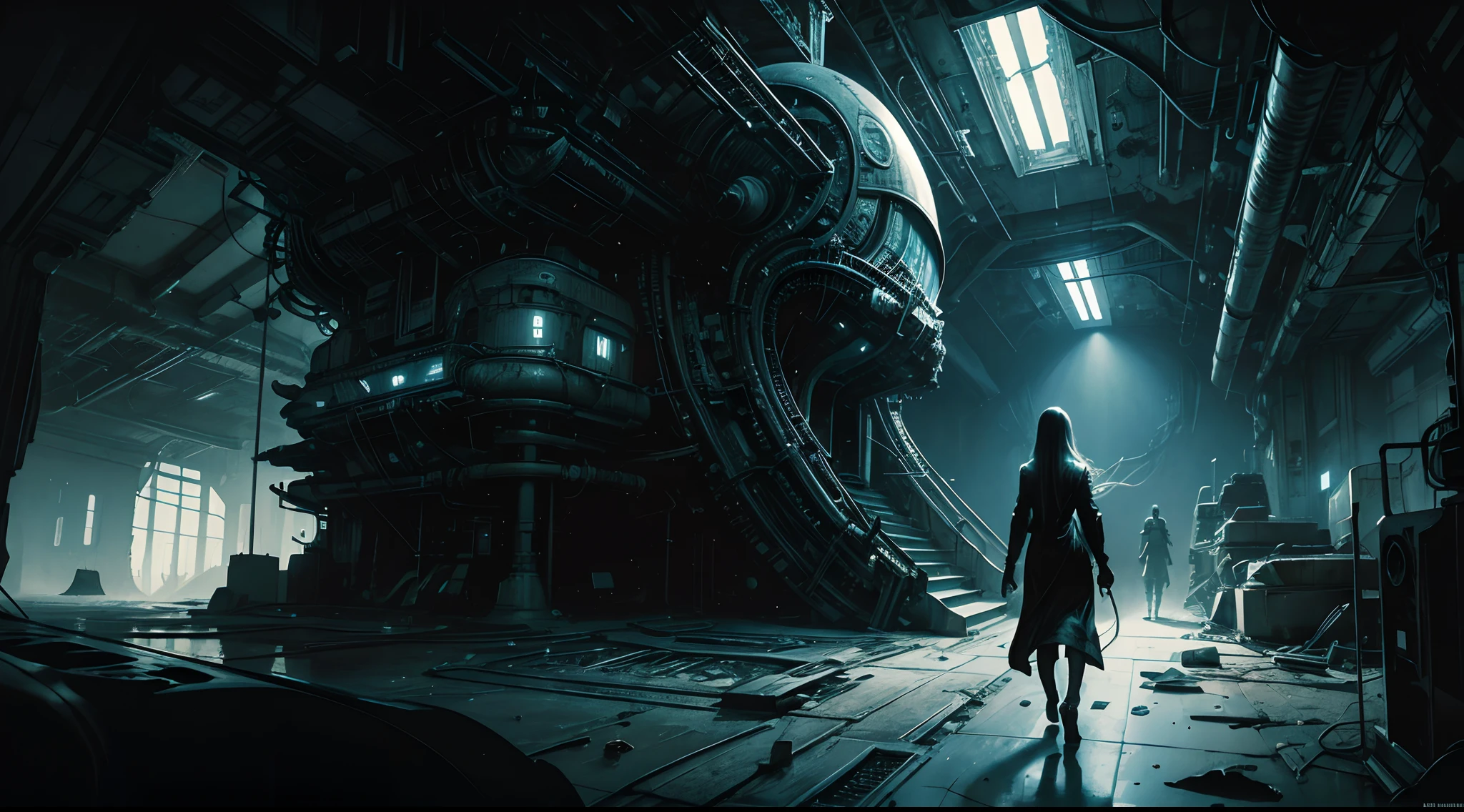 close up view of a (sks woman:1) walking inside an abandoned space ship, sci-fi horror, intricate details, high contrast, (artwork by Beksinski, h. r. Giger),