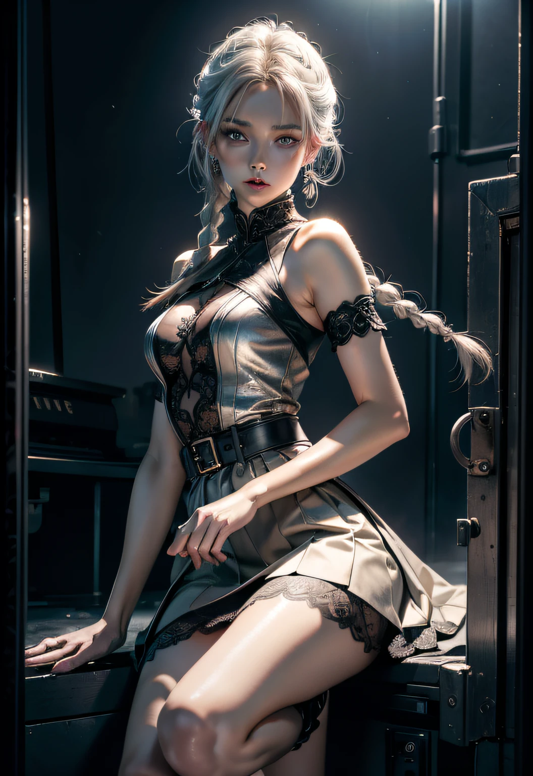 Hold the skirt with your hands、squall、External、(Ultra photo realsisim), (A illustration), (A high resolution), (8K), (The is very detailed), (The best illustration), (Beautiful detailed eyes), (The highest quality), (Super detailed), (masuterpiece、), (Detailed face), Solo、、、1 rapariga, Noble dress、White hair, Iris heterochromatic eyes, small moles under eye, Medium chest, Long legs、Stunning composition、Braids、Beautiful and delicate legs