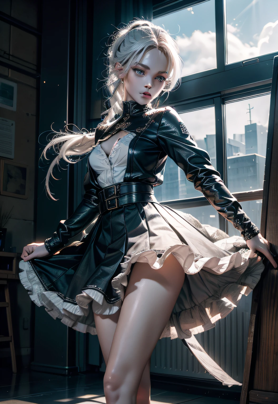 Hold the skirt with your hands、squall、External、(Ultra photo realsisim), (A illustration), (A high resolution), (8K), (The is very detailed), (The best illustration), (Beautiful detailed eyes), (The highest quality), (Super detailed), (masuterpiece、), (Detailed face), Solo、、、1 rapariga, Noble dress、White hair, Iris heterochromatic eyes, small moles under eye, Medium chest, Long legs、Stunning composition、Braids、Beautiful and delicate legs
