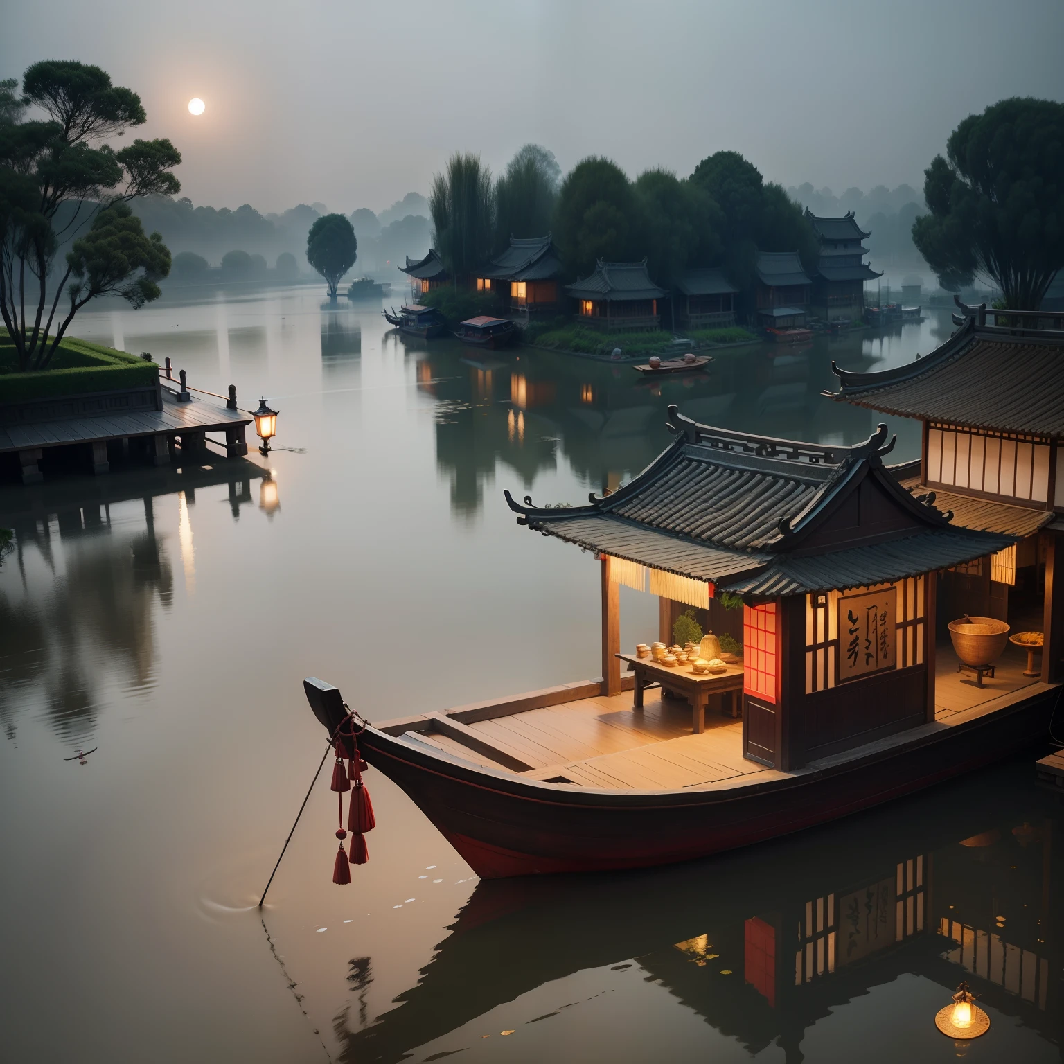 Jiangnan Water Town,solitary boat,old man,willowy,drizzle,Lotus pond