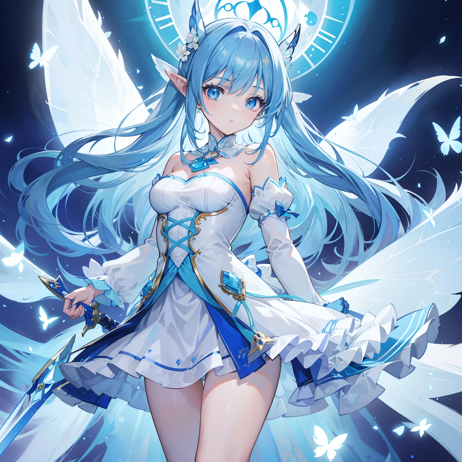 Slightly blue hands with white figure-eight bangs,Fairies dressed in soft clothes flutter blue and white yarn,She is a fairy-like sword cultivator girl