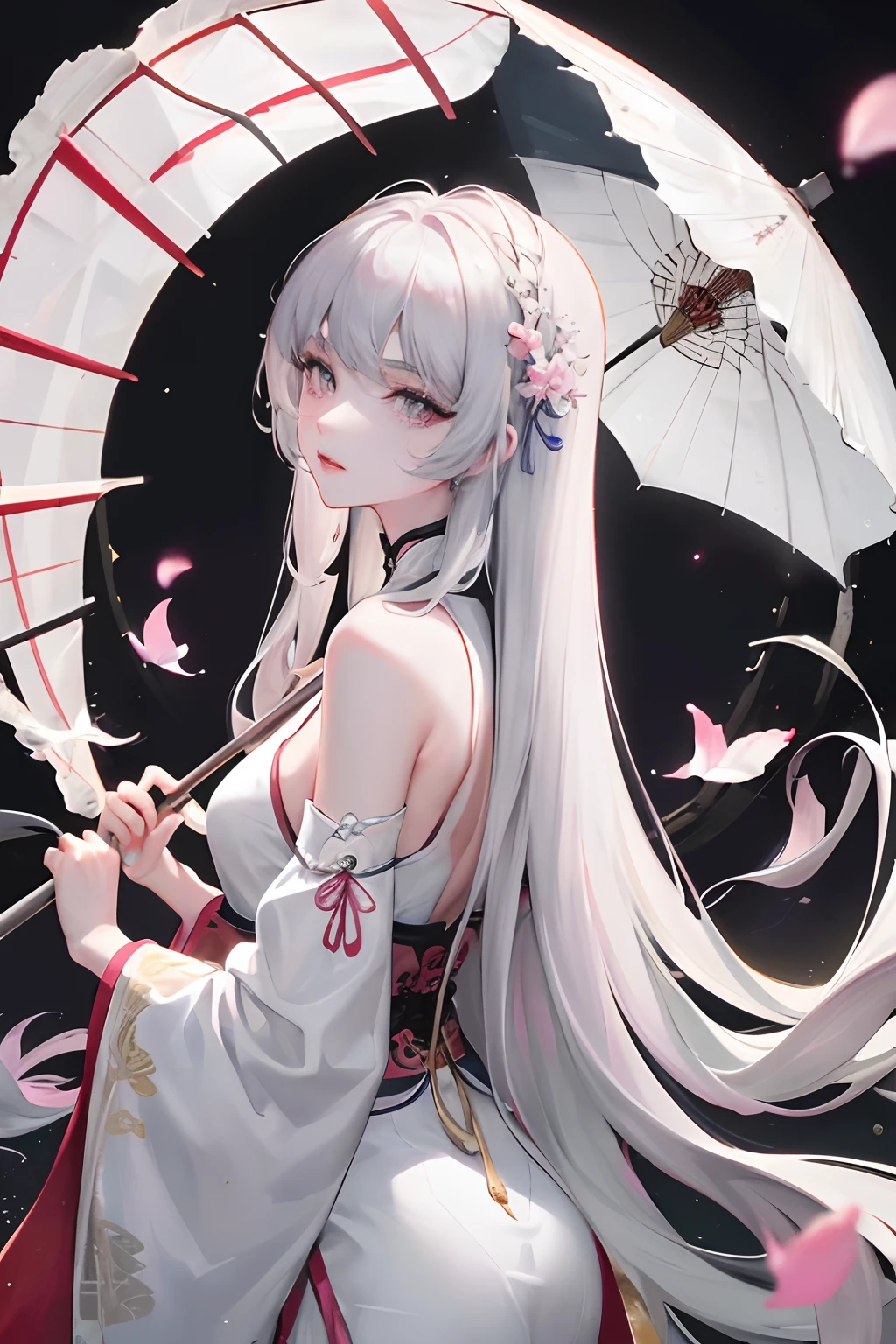 8K, masterpiece, best quality, night, full moon, 1 girl, Chinese style, Chinese architecture, mature woman, sister, silver white long haired woman, long hair, light pink lips, calm, rational, bangs, gray pupils, assassin, umbrella, umbrella, turn around, back, turn back, petals flying, delicate face,