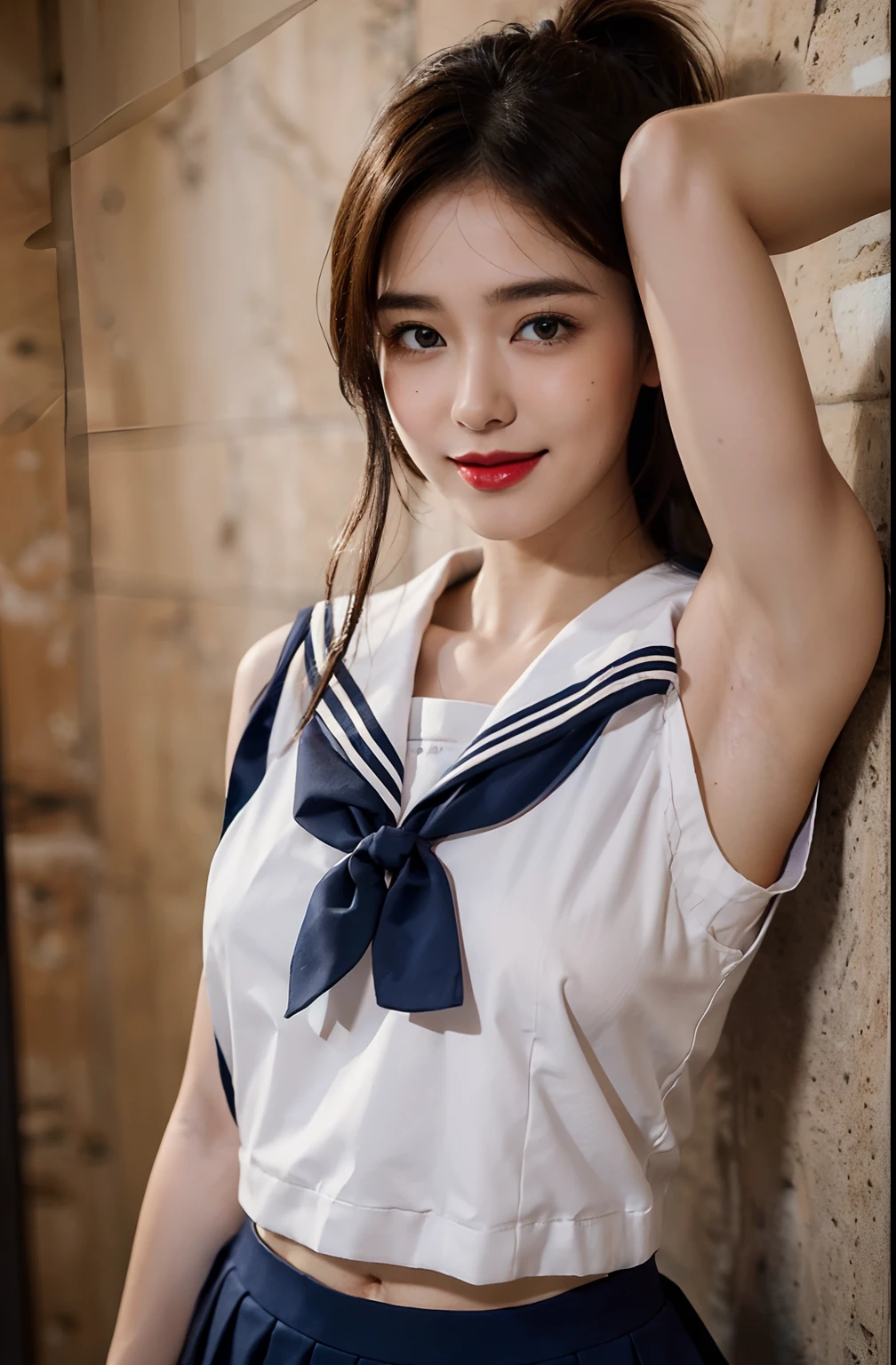 ((Pose by raising your hands to show your armpits、Armpit、We show the armpits in detail、red lipsticks、shiny armpits smeared with oil,、Glossy shiny armpits with oil in the armpits、Realistic and detailed armpits、Armpits shining with sweat、Ultra-realistic armpit wrinkles、Japanese high school  girl、Sleeveless Japan schoolgirl uniform))、Sleeveless High School Girl、Detailed armpit wrinkles、realistic armpit、Bright red lipstick、Photograph the whole body、Full-body figure、Show the armpits、Glossy armpits、Sleeveless sailor suit with visible armpits、red lipsticks、ssmile、high-ponytail Hairstyle)), ((Summer clothes for schoolgirls、Showing off armpits in white sleeveless uniform、独奏、A smile)) 、(photos realistic、Show underarms、Armpits shine), (hight resolution), (8K), (ighly detailed), (Best Live Action), (beatiful detailed eyes), (top-quality), (ultra-detailliert), (​masterpiece), (wall-paper), (详细的脸), drooing eyes,perspiring,Your body is shiny with sweat、Armpit,inner colored,独奏,Japanese high school  girl、Sleeveless clothing、Sleeveless、Armpit、Red mouth、Raise your hand to show your armpits、Armpit、 (photos realistic), (hight resolution), (8K), (ighly detailed), (Best Live Action), (beatiful detailed eyes), (top-quality), (ultra-detailliert), (​masterpiece), (wall-paper), (详细的脸), drooing eyes、Armpit,High Ponytail、inner colored,独奏, Japanese high school  girl、((Sailor Suit Sleeveless Uniform:1.4))、 (top-quality、8K、​masterpiece:1.3)、Raw photography、realisitic、Photorealsitic、Beautiful legs、acurate、Anatomically correct body