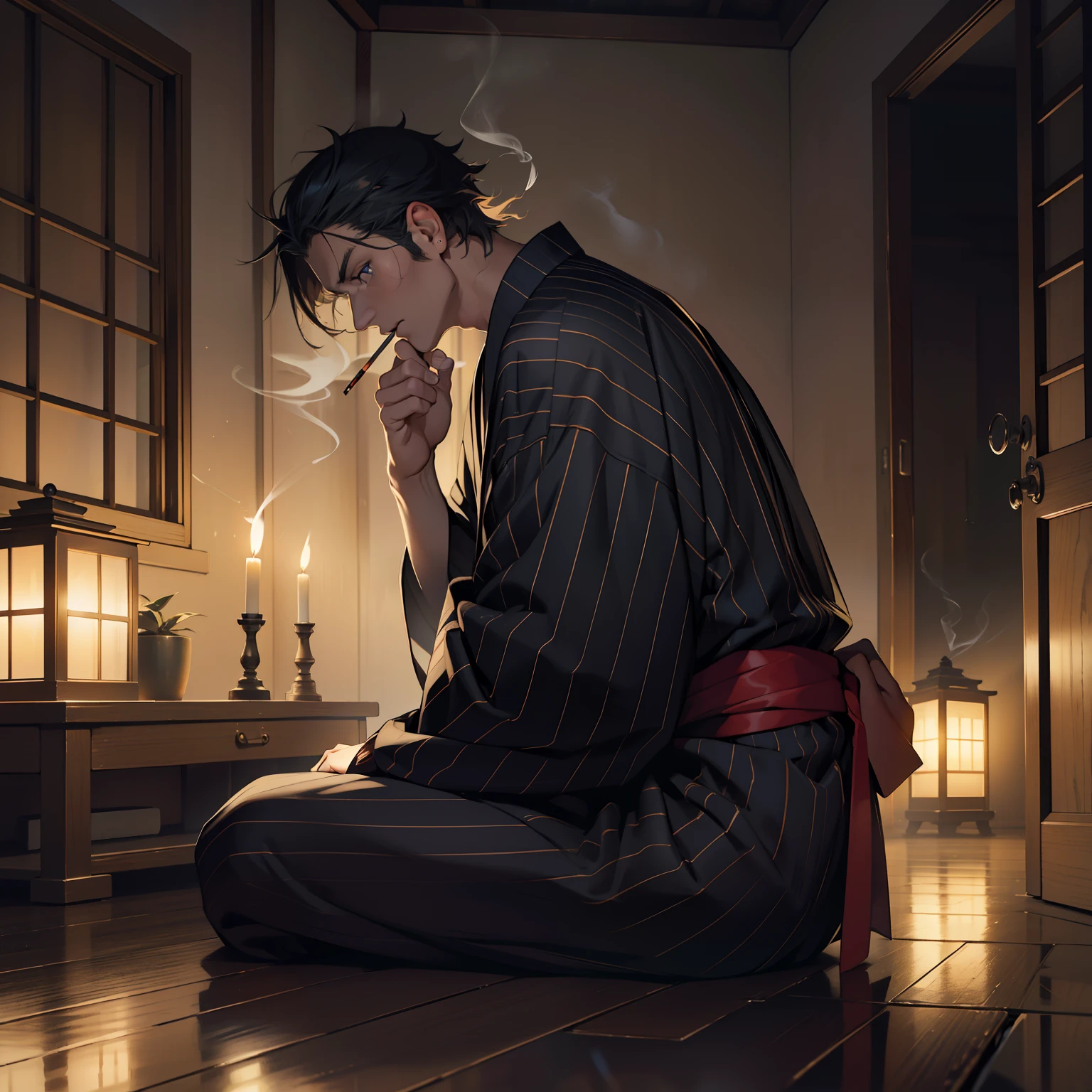 {{{{{masutepiece,Best Quality,ultra-detailliert}}}}},1 Handsome Man,Beautiful short hair,Detailed eyes,Smoking an electronic cigarette,sitting down on the floor,Tell ghost stories, Slouching, eye glass,Beautiful dark room background,Close doors and windows,a dark night,No light,Beautiful Japan black striped yukata,Side view,8K,1 candle,