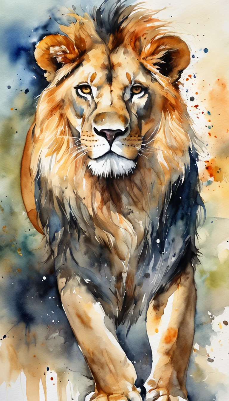 master part, Ultra-detailed watercolor portrait of a lion, parte superior do corpo, Pinceladas, arte profissional impressionante, paleta de cores neutras