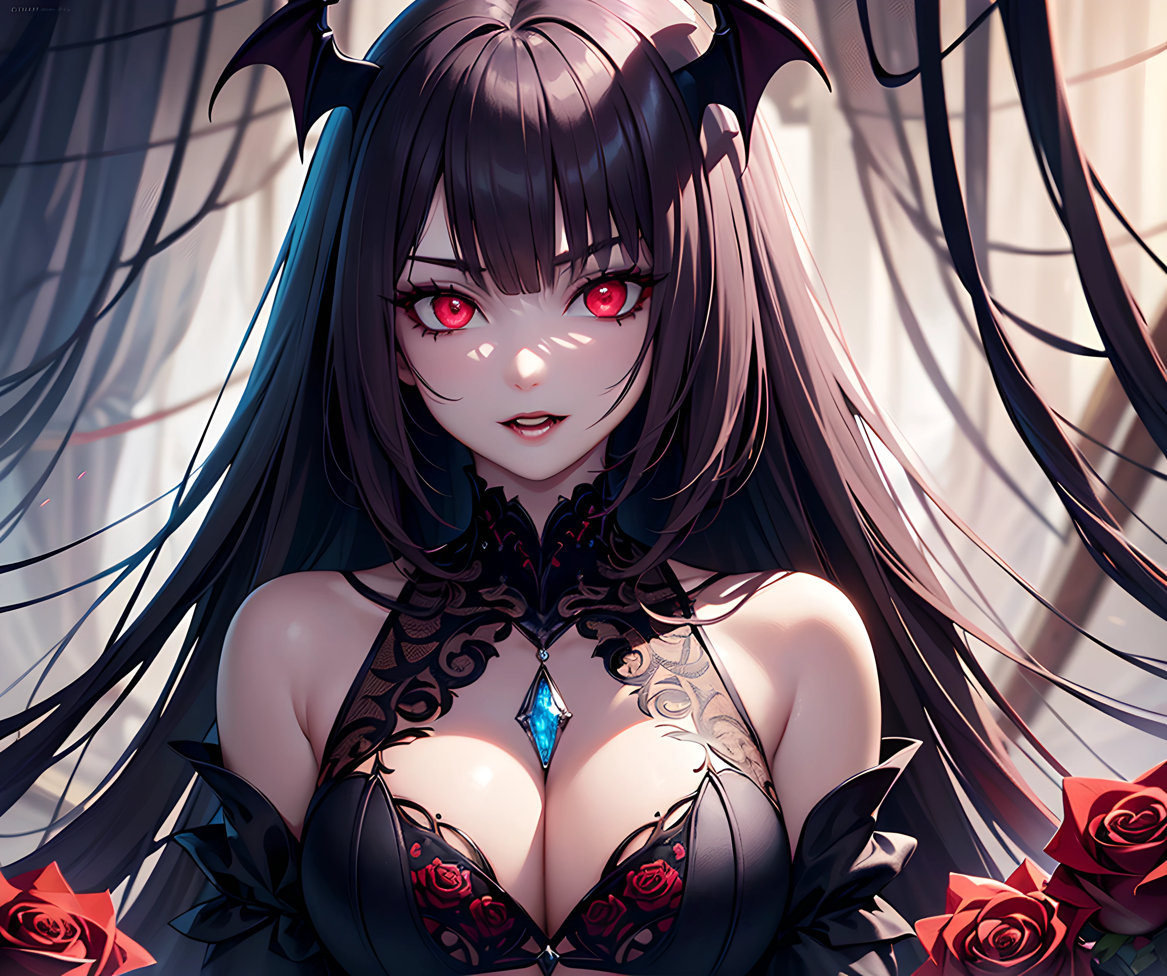 ((Stunning female ornate Vampire Princess)) with grey long flowing hair, bright beautiful red eyes, gothic ornate crop top, hyper detailed, insane details, stunning, (beautiful intricate detailed face), approaching perfection, ornate, elegant, luxury, vector-art beautiful character design, double exposure shot, luminous design, award winning, masterpiece, roses background, crystal rose necklace