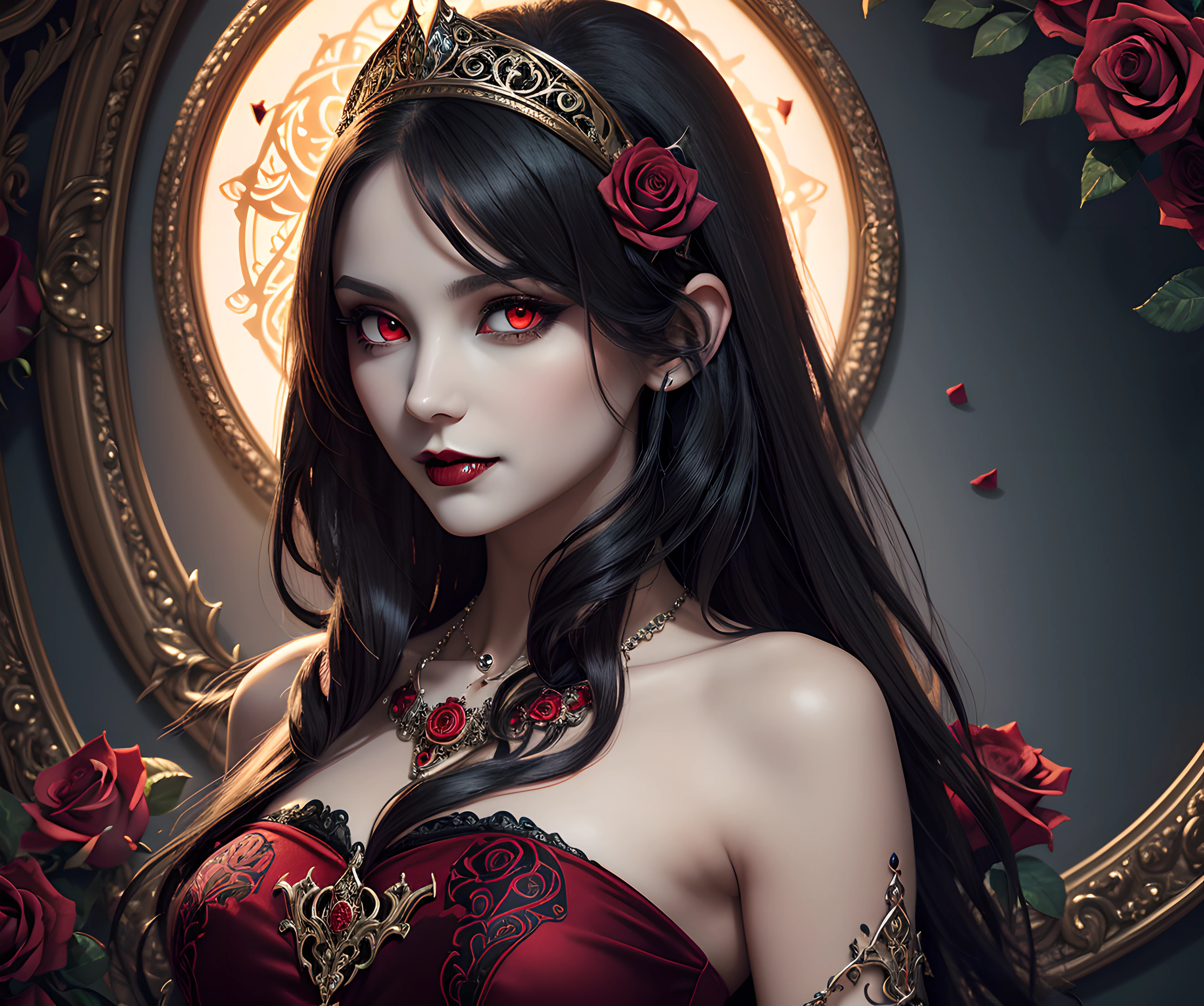 ((Stunning female ornate Vampire Princess)) with grey long flowing hair, bright beautiful red eyes, gothic ornate crop top, hyper detailed, insane details, stunning, (beautiful intricate detailed face), approaching perfection, ornate, elegant, luxury, vector-art beautiful character design, double exposure shot, luminous design, award winning, masterpiece, roses background, crystal rose necklace
