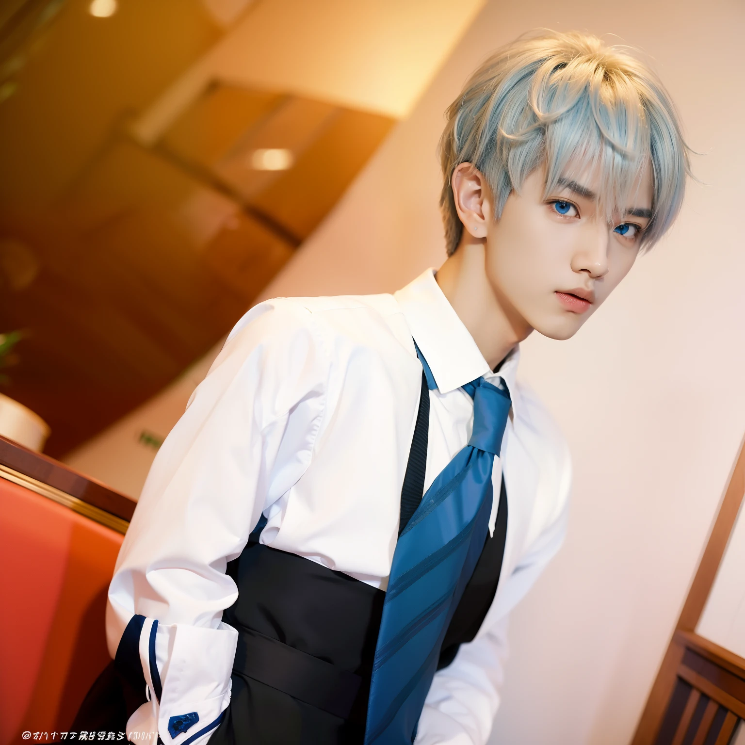 Anime boy with white hair and blue eyes staring at the camera, hajime yatate, kaworu nagisa, white haired Cangcang, gapmoe yandere, male anime character, Tall anime guy with blue eyes, whaite hair，White-haired god, kaneki ken, Male anime style