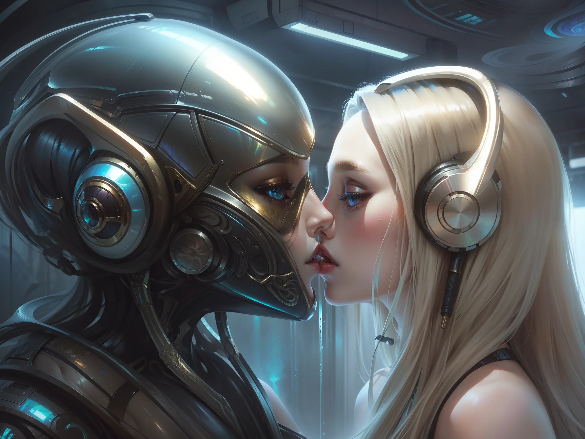 Masterpiece, Best Quality, Girls kissing , Slender, Hair Color, Iridescent, mech body, Long Hair Spreading , White Skin, Medium, Cute, Sexy, Exposed Skin, Night, Psychedelic, Trip, Extreme Color, Paisley