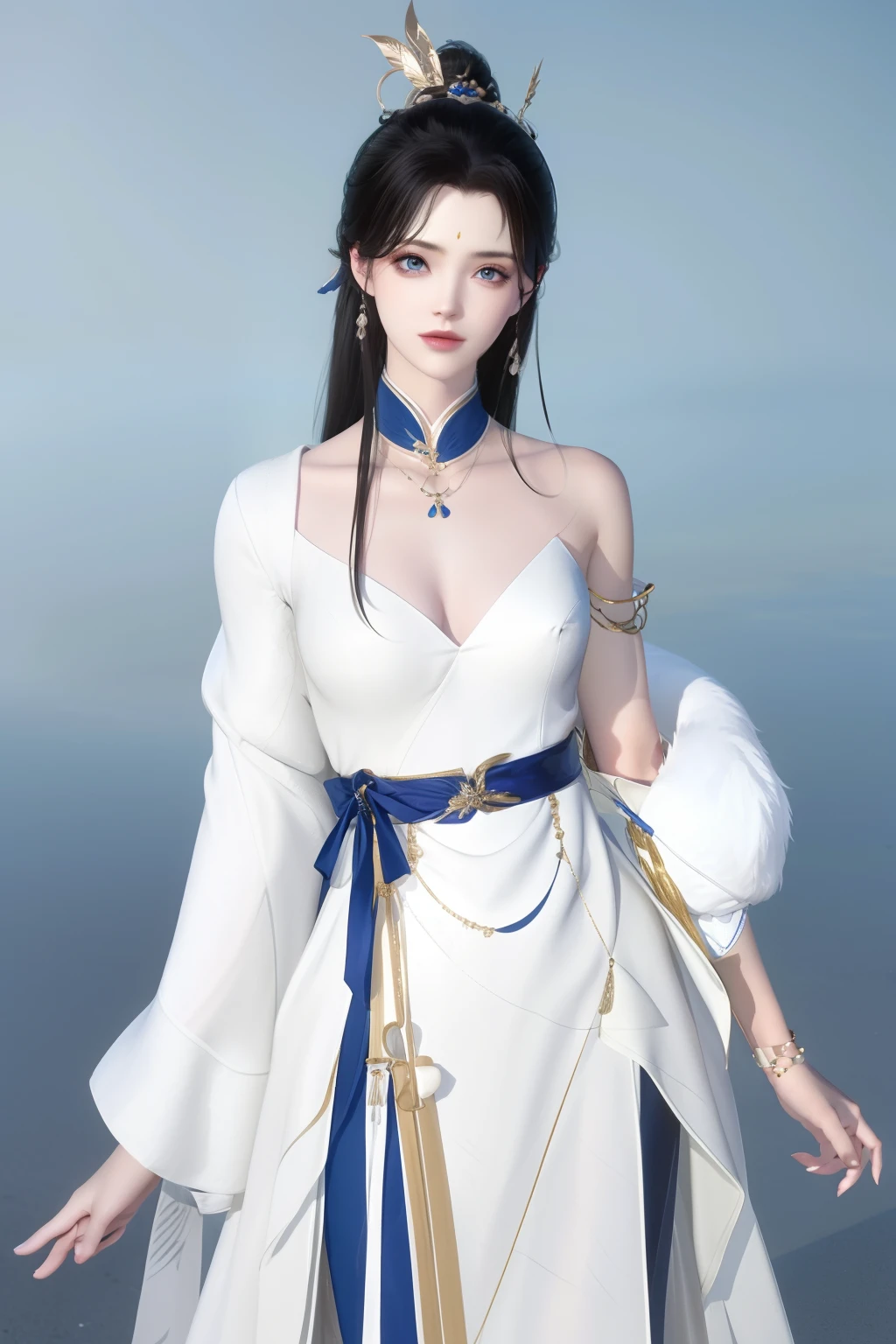 (best qualtiy,tmasterpiece:1.2),超高分辨率,realisticlying,Front lighting,Complicated details,Exquisitedetailsandtextures,(1girll),独奏,The upper part of the body,Blue Hanfu,Petal pattern,Nice big eyes,a blue dress,beauitful face,facing to audience,Streamers,gossamer,(年轻),Facial highlights,Detal Face,tear-mole,white skinned,Silvery hair,High ponytail,looking at viewert,largeeyes,(Openwork pattern),耳Nipple Ring,slimfigure,white backgrounid,correct hand,profesional lighting,photon maping,Radio City,physically-based renderingt