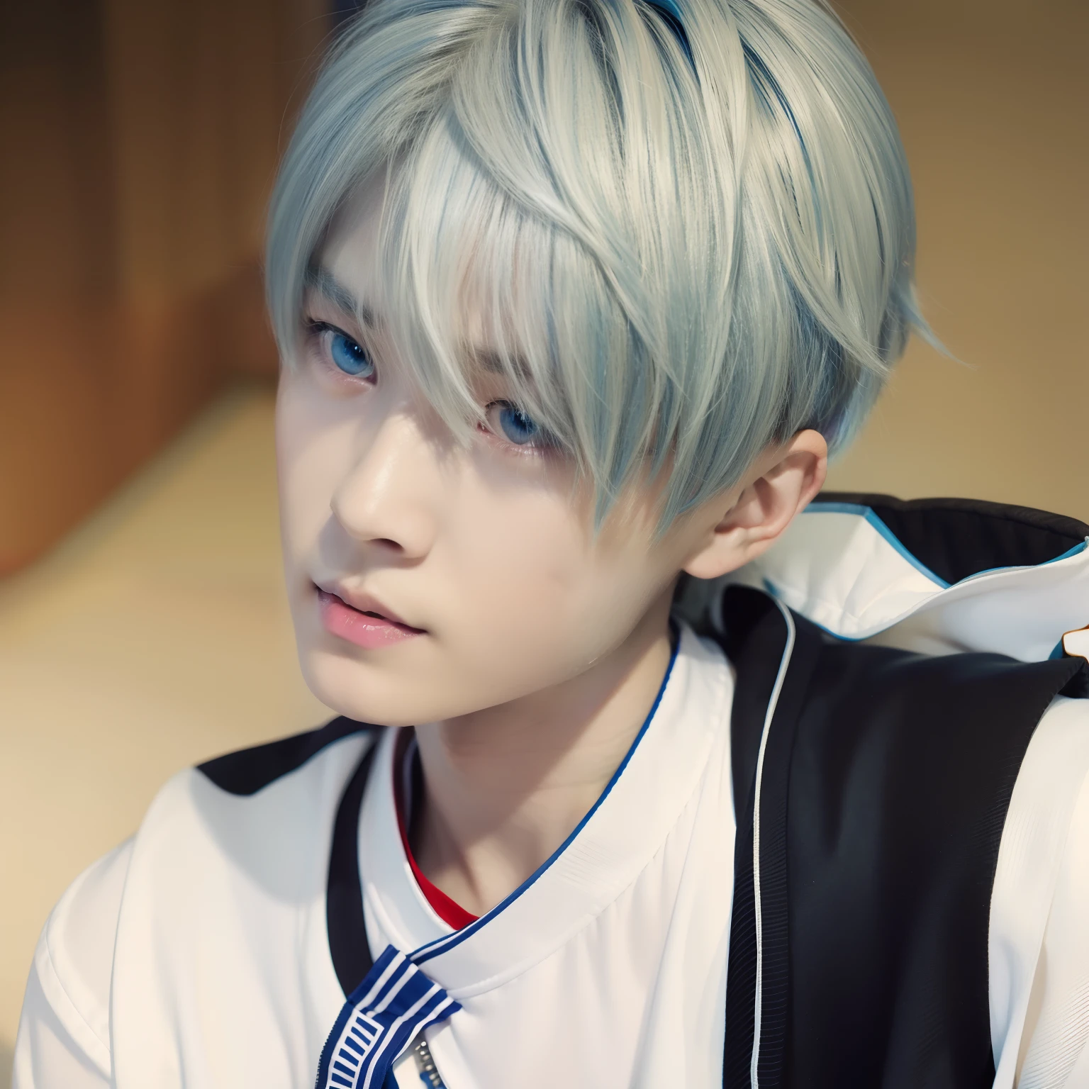 Anime boy with white hair and blue eyes staring at the camera, hajime yatate, kaworu nagisa, white haired Cangcang, gapmoe yandere, male anime character, Tall anime guy with blue eyes, whaite hair,White-haired god, kaneki ken, Male anime style