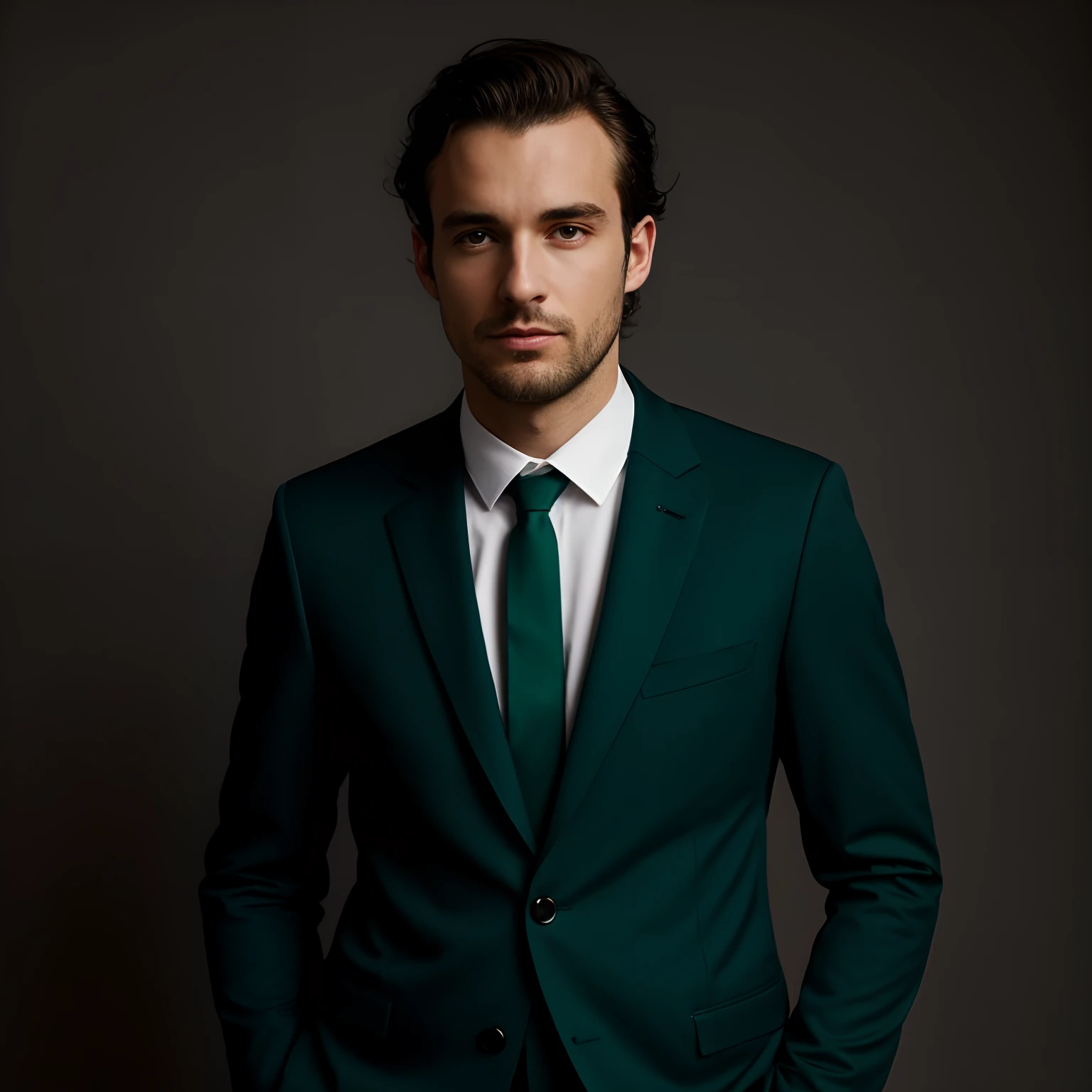 Homme rieur en costume vert et cravate posant pour une photo, Porter un costume vert, Green suit and bow tie, Davide Sorrenti placeholder image, inspired by Nils Hamm, Porter une veste verte, Combinaison sarcelle, Marc Newson, par Salomon par Abbot, Lubezki, Portrait promotionnel, Quand Vermehr, Matthieu Benoît, rendu en corona
