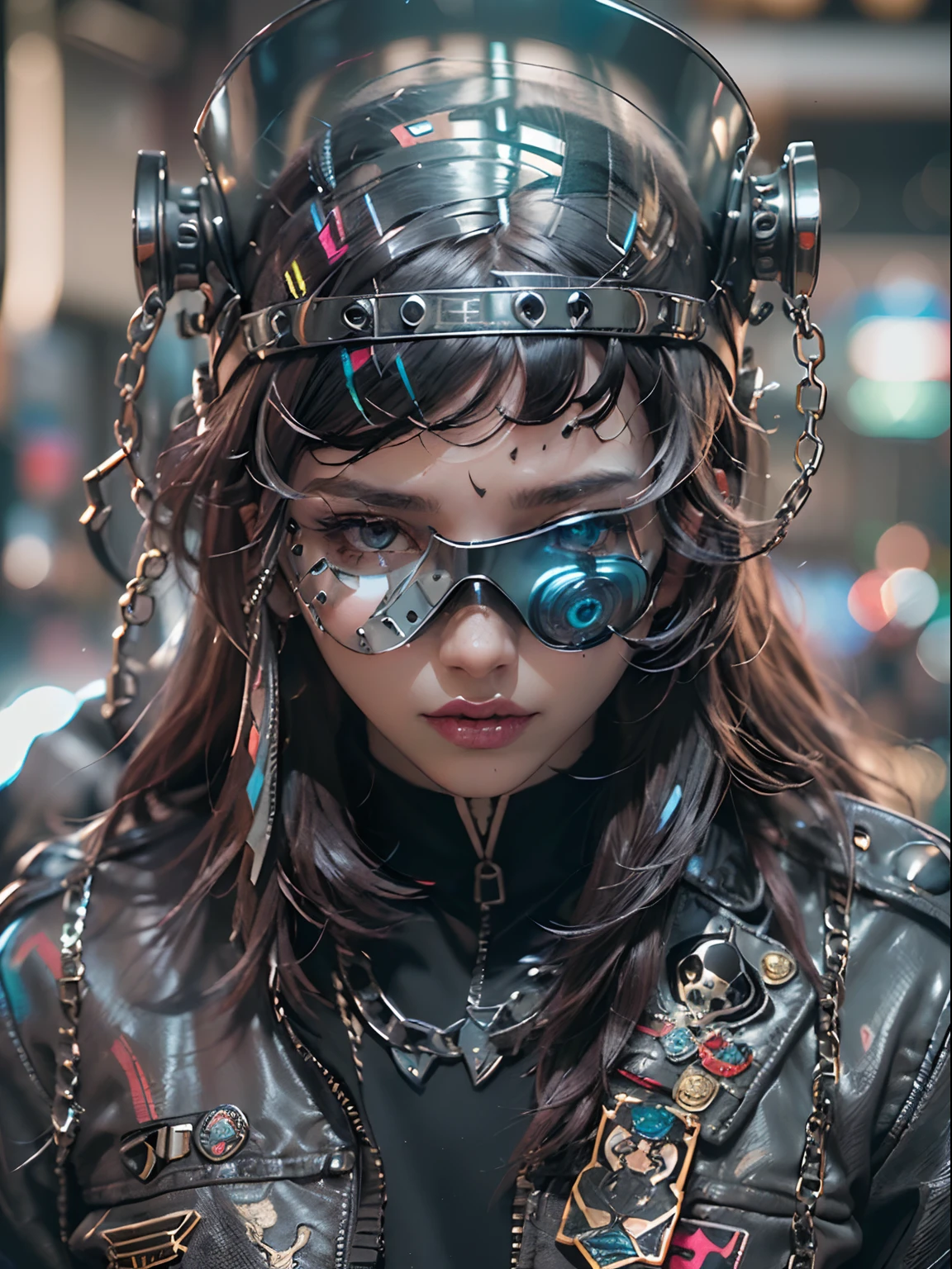 (((Extreme symmetrical portrait of girl’s face filled with intricate tattoos on her face and gorgeous glossy lips wearing a transparent skull mask and smooth shaped futuristic headgear))), (((Incredibly detailed cyberpunk samurai robotic chrome overly tight outfit and gas mask and eye patch))), highly detailed futuristic with many studded textures, ((robots)), (((photorealistic and perfect butt long perfect legs))), ((translucent jean jacket with prints)), ((chrome VR futuristic sci-fi goggles)), thick chain jewellery, thin pantyhose, translucency, prismatic, reflective, ((extremely busy theme park)), ((ultra cool hairstyle)), ((many thick chain necklaces)), filled with tattoos all over body, rim lighting, large size natural breasts, entire image is highly intricate and detailed, ((chrome skulls)), (((lots of studs on clothes))), (((sultry cool facial expression))), ((perfect radiant skin color)), ((super colourful)), (((cinematic day time and natural sunlight))), (precious colored cut stones), (((1:1 scale proportions))), ((military patches)), ((fur and feathers))
