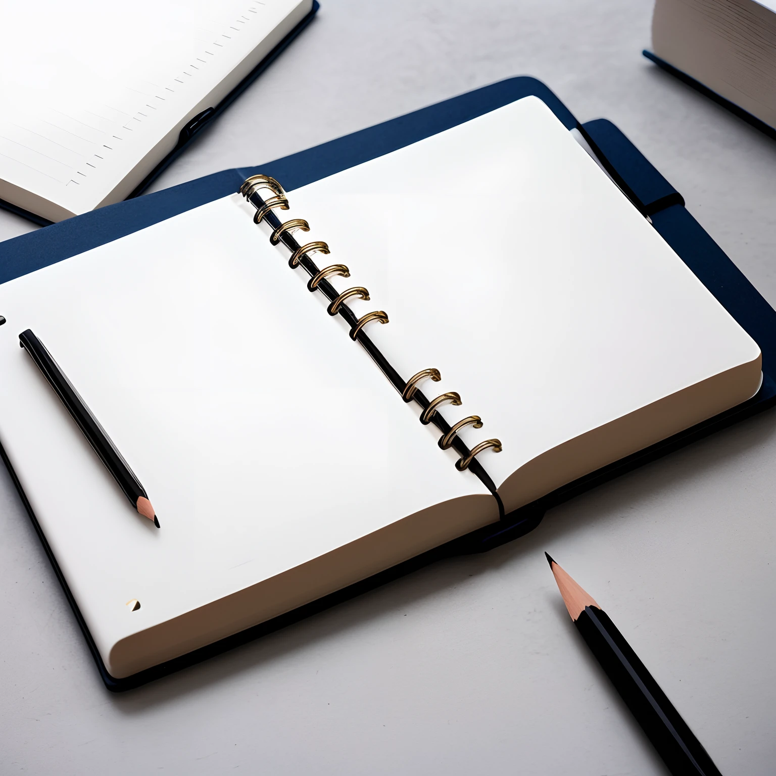 A pencil on top of a notebook with white sheets