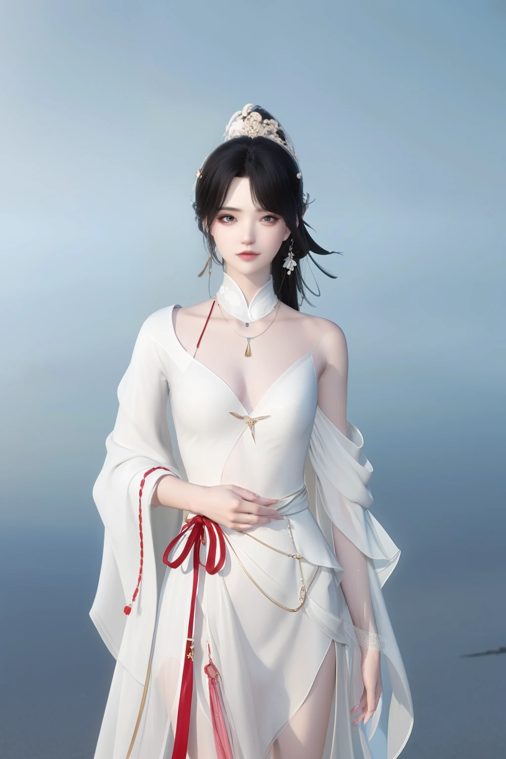 (best qualtiy,tmasterpiece:1.2),超高分辨率,realisticlying,Front lighting,Complicated details,Exquisitedetailsandtextures,(1girll),独奏,The upper part of the body,red color Hanfu,Petal pattern,Nice big eyes,Red dress,beauitful face,facing to audience,Streamers,gossamer,(年轻),Facial highlights,Detal Face,tear-mole,white skinned,Silvery hair,High ponytail,looking at viewert,largeeyes,(Openwork pattern),耳Nipple Ring,slimfigure,white backgrounid,correct hand,profesional lighting,photon maping,Radio City,physically-based renderingt