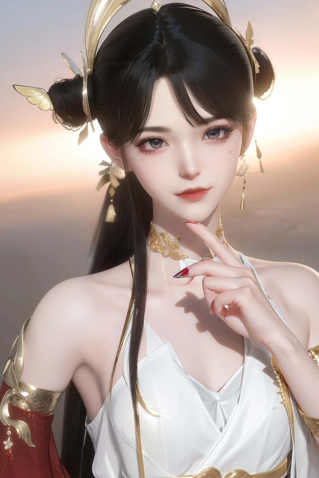 (best qualtiy,tmasterpiece:1.2),超高分辨率,realisticlying,Front lighting,Complicated details,Exquisitedetailsandtextures,(1girll),独奏,The upper part of the body,red color Hanfu,Petal pattern,Nice big eyes,Red dress,beauitful face,facing to audience,Streamers,gossamer,(年轻),Facial highlights,Detal Face,tear-mole,white skinned,Silvery hair,High ponytail,looking at viewert,largeeyes,(Openwork pattern),耳Nipple Ring,slimfigure,white backgrounid,correct hand,profesional lighting,photon maping,Radio City,physically-based renderingt