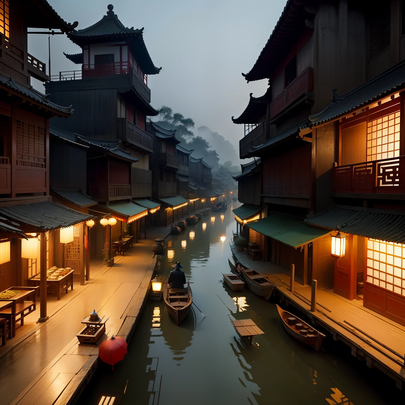 Jiangnan Water Town，solitary boat，old man，willowy，Drizzle，lotus flower，the street，horses，Traders，bazaars