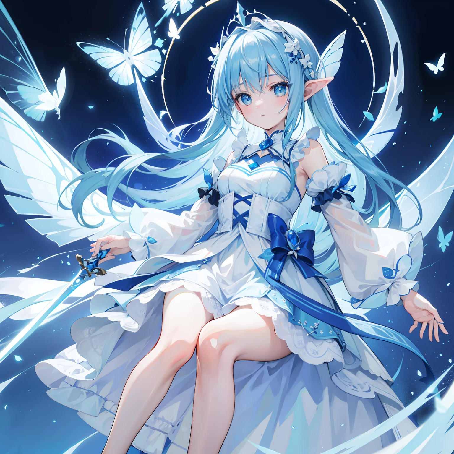 Slightly blue hands with white figure-eight bangs,Fairies dressed in soft clothes flutter blue and white yarn,She is a fairy-like sword cultivator girl
