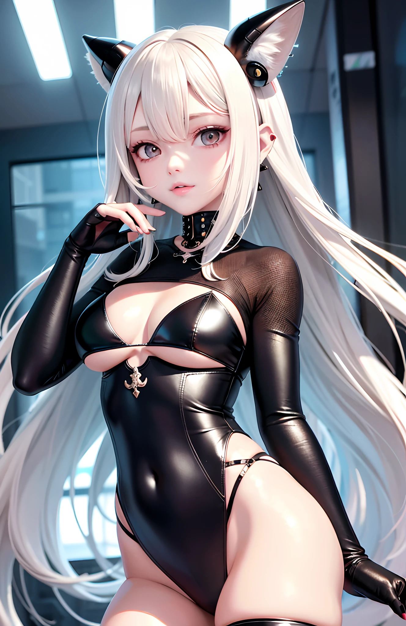 optimum,tmasterpiece,A high resolution,best qualtiy,hyper HD,super detailing,Award-Awarded,16k,独奏,(The upper part of the body),anatomy correct,Beautiful cyberpunk girl,cute face,,Gradient Beige Hair,Hairline,((Scarlet eyes)),long eyelasher,Hanging eye corners,White skin of the,(small boobs),(Slim body),((Women's extra short shawl jacket)),((tutu)),ear studs,(neck rings),(Laser material clothing:1.2)