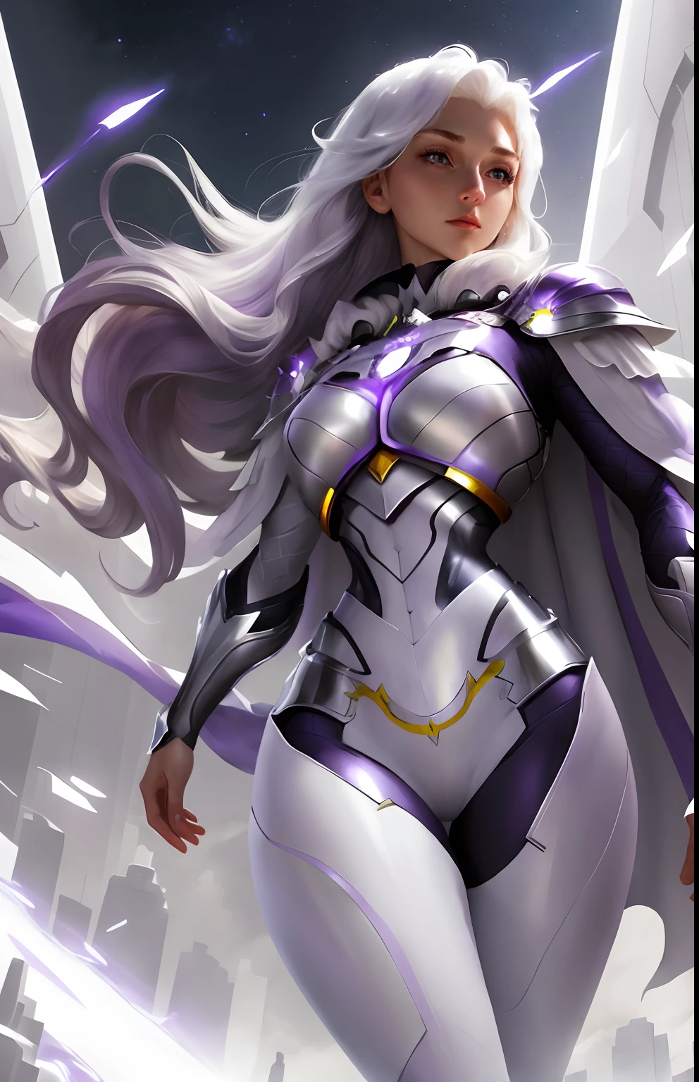 a cartoon drawing of a woman in a white and purple outfit, full body white purple cloak, streamlined white armor, simple futurist cyborg empress, clear outfit design, sleek white armor, knights of zodiac girl, full body purple and white cloak, clothed in ethereal battle armor, sleek streamlined white armor, white armor, new costume concept design, with sleek silver armor