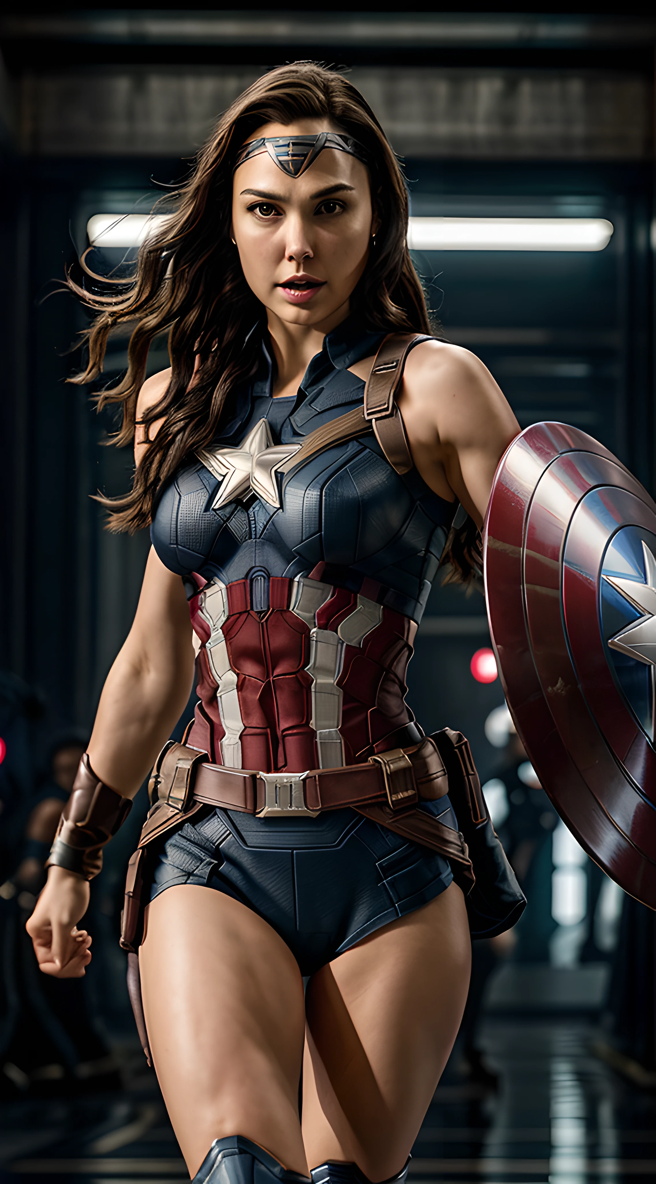 "Gal Gadot is captain America, wearing a captain America costume with sexy physique, young face, intricate captain America costume, long pony tailed hair, showcasing her strength and determination while doing a captain america pose. Ultra high definition and resolution, capture every detail of her intense expression and powerful stance. Photorealism brings her presence to life."