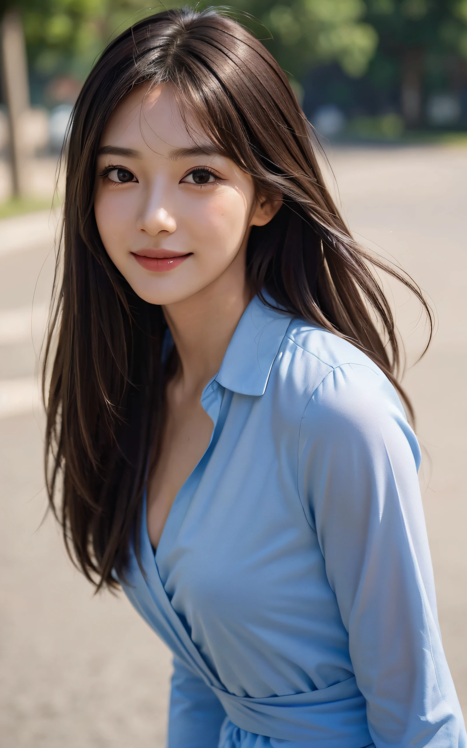masutepiece, The highest image quality, High quality, Beautiful woman, Japanese, Detailed, Detailed eyes, Detailed skin, Beautiful skin, Ultra High Resolution, (reality: 1.4),Very beautiful, Slightly younger face, Beautiful skin, slender, (A hyper-realistic), (hight resolution), (8K), (Very detailed) (beautifully detailed eyes), (super detailed), (Wallpaper), (Detailed face), Looking at Viewer, Fine details, Detailed face, Smiling, dress shirts, Skirt, Looking straight ahead, Looking straight ahead, angle from waist up, photos realistic, Bright lighting, Professional Lighting, Mature Woman, Brown hair, Shoulder-length straight hair swaying in the wind, Bangs,