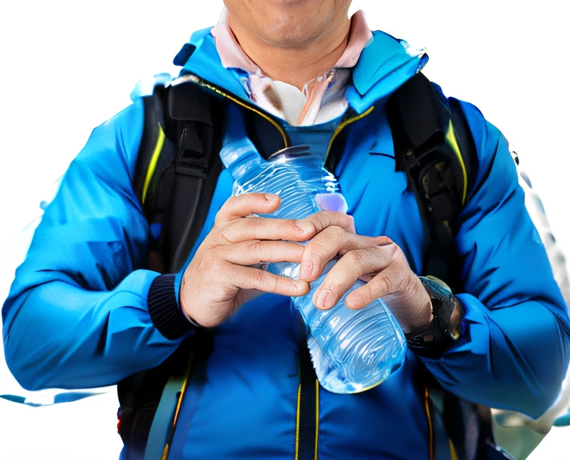 arafed boy in a blue shirt and black pants holding a bottle of water, holding hot sauce, holding a bottle, 5 k, 5k, waist - shot, oil to waist, water to waist, sweaty, 2 7 years old, 2 3 years old, 2 8 years old, holding a bottle of arak, 2 9 years old