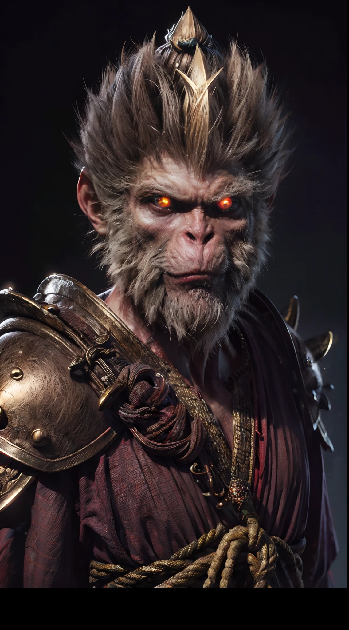 （irascible, irate，Qi Tian Great Sage，Monkey king，A high resolution, super-fine）, （Sharp-billed monkey gills）, Tour of the Dark West，pan（((Red glowing eyes))）looks into camera, evil look, Clear facial features, （Golden Hoop Curse）,He held a long golden metal stick。。。, Monkey teeth exposed, Dressed in gorgeous gold armor, The red tattered cloak swayed in the wind，Monkey King's face, Sit on a mountain full of yokai skulls, Kingly temperament, Full body photo, cinematic rim light, The light is delicate, tmasterpiece, ultra - detailed, Epic composition, Super HD, high qulity, HighestQuali, 32K, grin, poison fangs