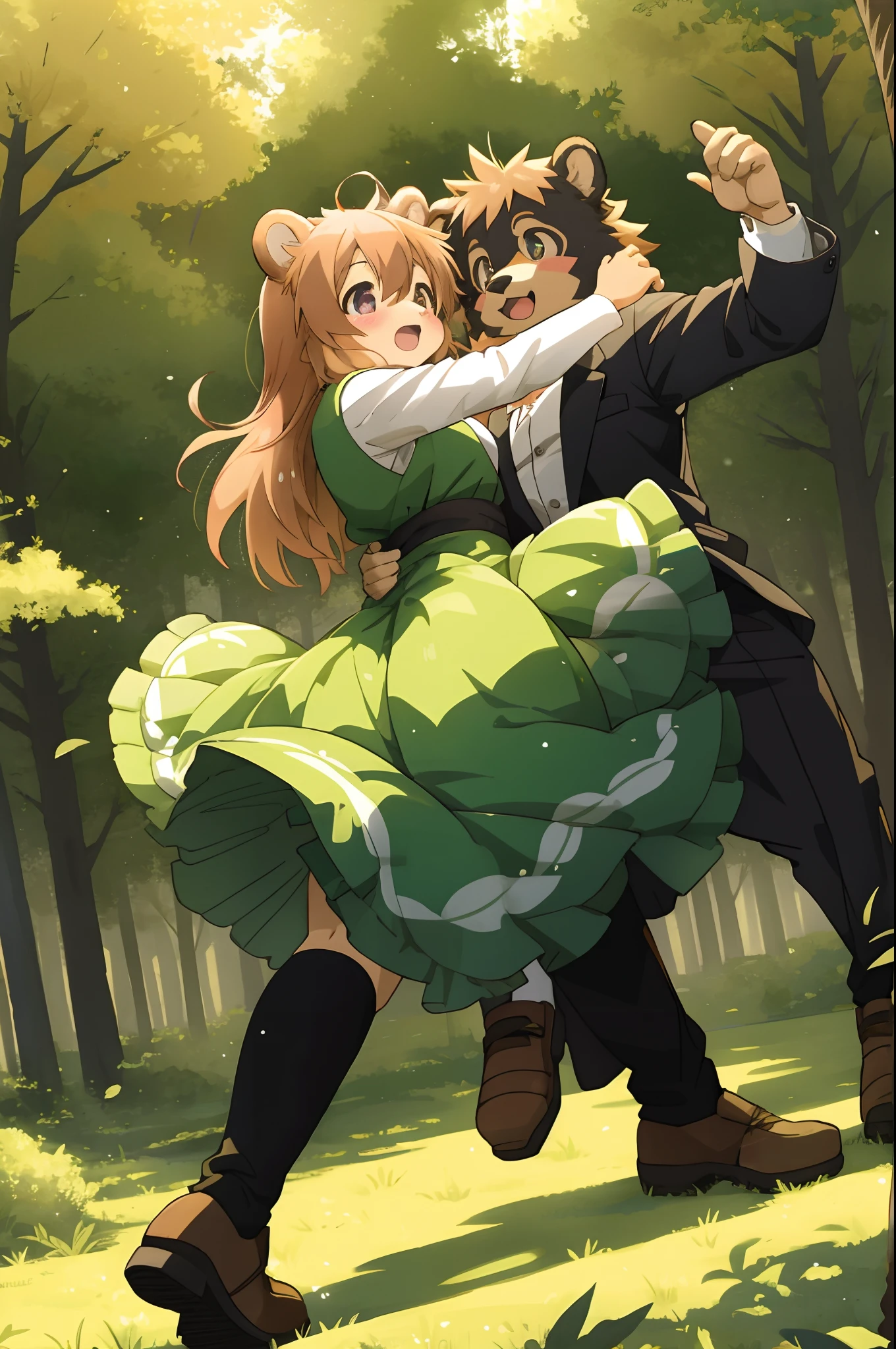 top quality, best quality, highres, masterpiece, super high resolution, detailed background, forest(super cute 1girl, bear, pair)singing, dancing, waltz, absurdres(highly detailed beautiful face and eyes)perfect anatomy, good lighting, cinematic shadow(kemono, furry anthro)assorted expressions, assorted poses, assorted angles, full body, upper shot, dynamic angle, sosaku hanga, manga page, doujin, ddlc, anime, manga panel, zerochan,
