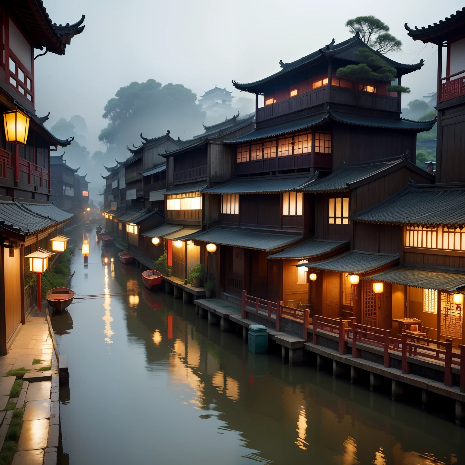 Jiangnan Water Town，solitary boat，old man，willowy，Drizzle，lotus flower，the street，horses，Traders，bazaars