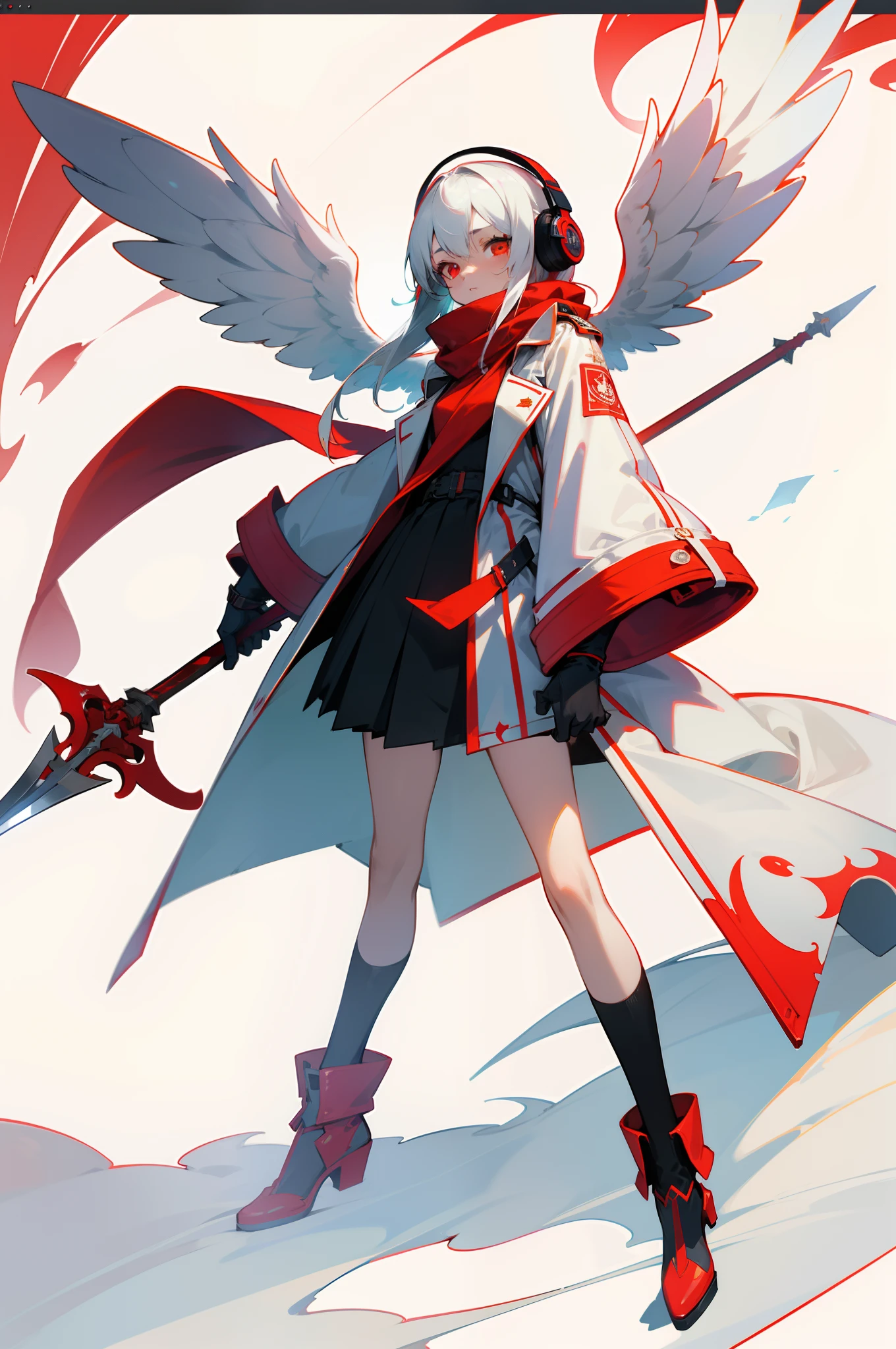 teens girl，White hair，Red glowing eyes, sportrait, photorealestic,Red and white trench coat，Red scarf，black reotard，There are green numbers on it，（cropped shoulders），longer sleeves，Red and white headphones，Multiple pairs of angel wings，Light wings hang around，side-lighting, the wallpaper, , Depicting female characters from ethereal anime in a high-quality anime art style。vibrant with colors，Colorful background，Spear in hand