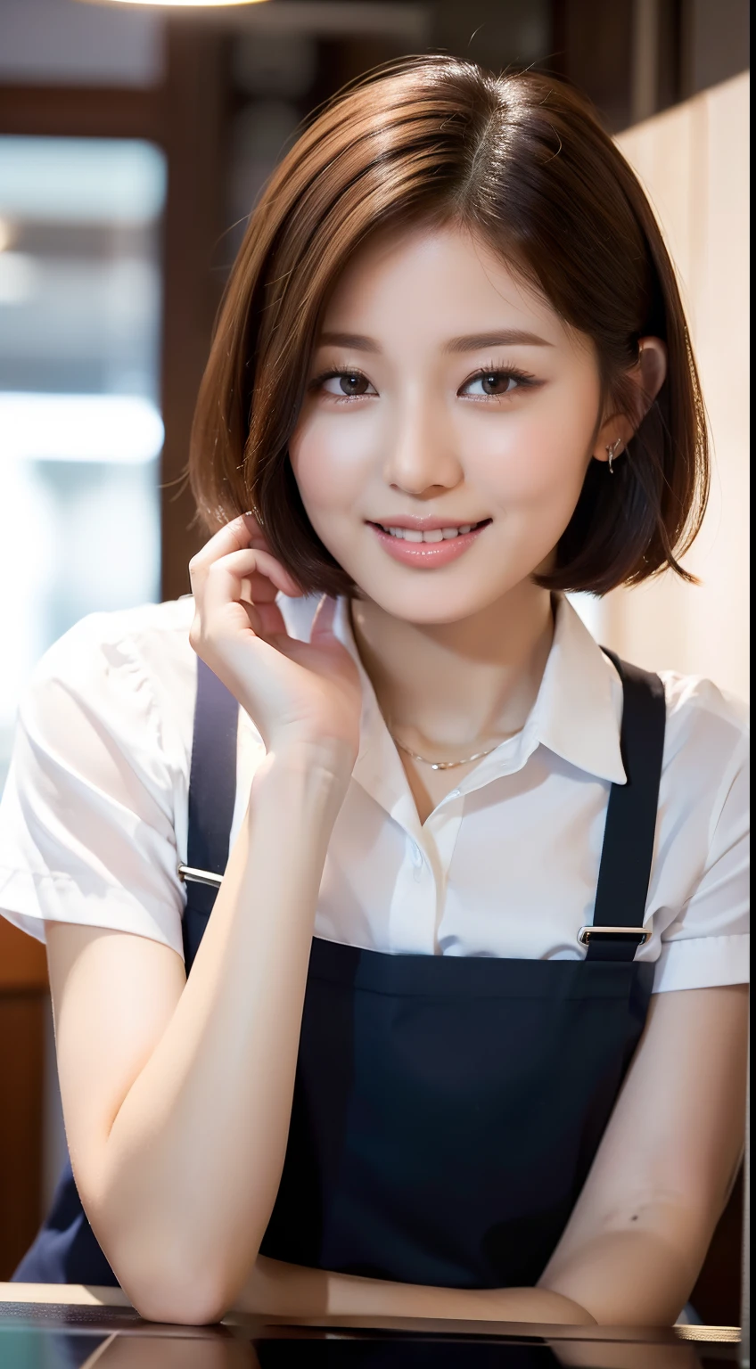 ((Top Quality, 8k, Masterpiece: 1.3)), Sharp Focus, One Girl, Slim Beauty: 1.2, Brown Hair, Short Hair, (Big: 1.5), (Layer Cut), Detailed Eyes, Double Eyelids, Cute Smile, (Mouth Closed), (Cute Japan Human-Faced Beauty), Soft Skin, Reflecting the whole body, Ultra Realistic, Ultra Detailed, High Quality, (Beautiful short-haired waitress who comes to the table to take orders)