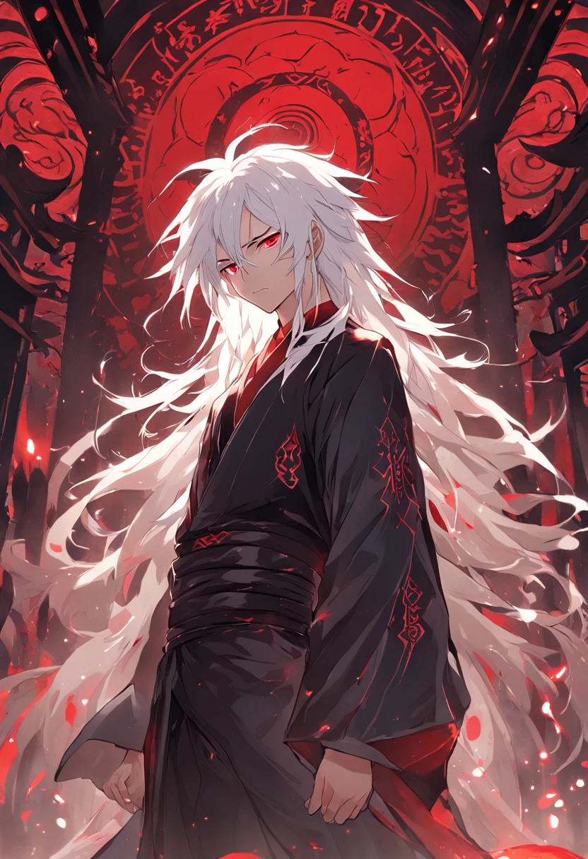 (masterpiece, illustration, anime:1.3), anime boy, Red Eyes, long white hair, oriental elements, in the dark, (classic black attire:1.2), standing inside a temple at night, (messy white hair:1.1), (red eyes emitting red light:1.2), (calm expression:1.1), (uncovered eyes:1.1), (powerful presence:1.2), (mystical atmosphere:1.2), (subtle moonlight:1.1), (intricate temple architecture:1.2), (ominous shadows:1.1), (flowing robes:1.1), (detailed folds and creases:1.1), (intense blue aura:1.2), (symbols of power surrounding him:1.1), (magical energy radiating:1.2), (spellcasting gestures:1.1), (mysterious artifacts:1.1), (ethereal particles:1.1), (dynamic pose:1.2), (epic soundtrack:1.2), (sense of awe:1.1), (magical prowess:1.1)