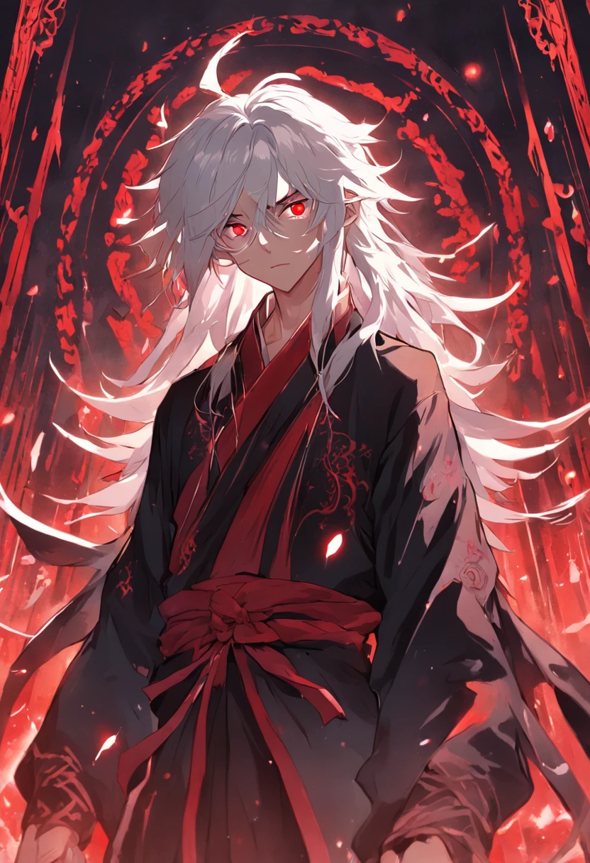 (masterpiece, illustration, anime:1.3), anime boy, Red Eyes, long white hair, oriental elements, in the dark, (classic black attire:1.2), standing inside a temple at night, (messy white hair:1.1), (red eyes emitting red light:1.2), (calm expression:1.1), (uncovered eyes:1.1), (powerful presence:1.2), (mystical atmosphere:1.2), (subtle moonlight:1.1), (intricate temple architecture:1.2), (ominous shadows:1.1), (flowing robes:1.1), (detailed folds and creases:1.1), (intense blue aura:1.2), (symbols of power surrounding him:1.1), (magical energy radiating:1.2), (spellcasting gestures:1.1), (mysterious artifacts:1.1), (ethereal particles:1.1), (dynamic pose:1.2), (epic soundtrack:1.2), (sense of awe:1.1), (magical prowess:1.1)