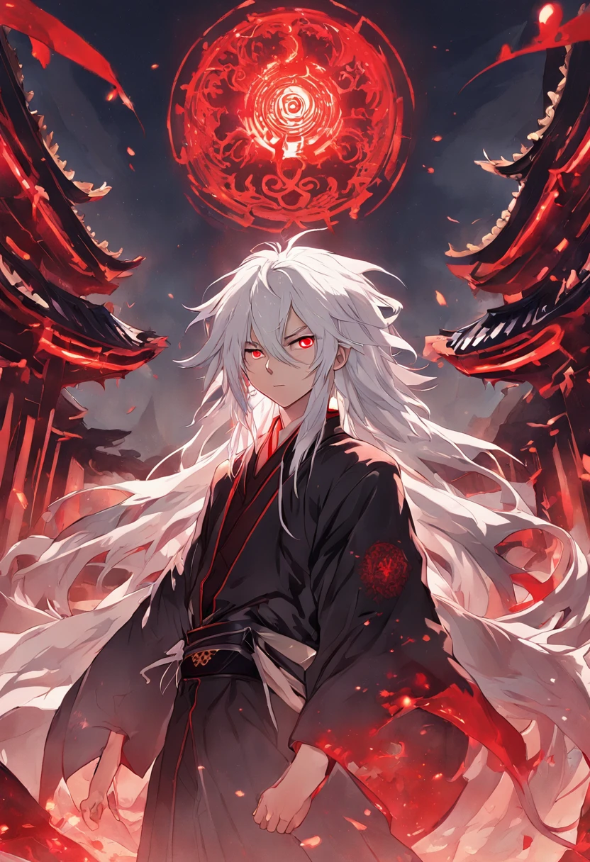 (masterpiece, illustration, anime:1.3), anime boy, Red Eyes, long white hair, oriental elements, in the dark, (classic black attire:1.2), standing inside a temple at night, (messy white hair:1.1), (red eyes emitting red light:1.2), (calm expression:1.1), (uncovered eyes:1.1), (powerful presence:1.2), (mystical atmosphere:1.2), (subtle moonlight:1.1), (intricate temple architecture:1.2), (ominous shadows:1.1), (flowing robes:1.1), (detailed folds and creases:1.1), (intense blue aura:1.2), (symbols of power surrounding him:1.1), (magical energy radiating:1.2), (spellcasting gestures:1.1), (mysterious artifacts:1.1), (ethereal particles:1.1), (dynamic pose:1.2), (epic soundtrack:1.2), (sense of awe:1.1), (magical prowess:1.1)
