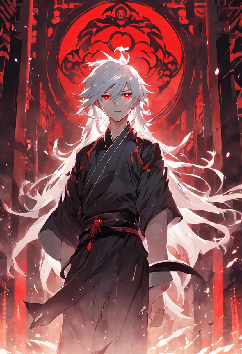 (masterpiece, illustration, anime:1.3), anime boy, Red Eyes, long white hair, oriental elements, in the dark, (classic black attire:1.2), standing inside a temple at night, (messy white hair:1.1), (red eyes emitting red light:1.2), (calm expression:1.1), (uncovered eyes:1.1), (powerful presence:1.2), (mystical atmosphere:1.2), (subtle moonlight:1.1), (intricate temple architecture:1.2), (ominous shadows:1.1), (flowing robes:1.1), (detailed folds and creases:1.1), (intense blue aura:1.2), (symbols of power surrounding him:1.1), (magical energy radiating:1.2), (spellcasting gestures:1.1), (mysterious artifacts:1.1), (ethereal particles:1.1), (dynamic pose:1.2), (epic soundtrack:1.2), (sense of awe:1.1), (magical prowess:1.1)