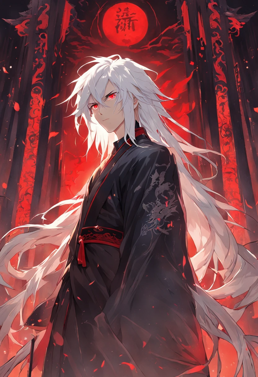 pale skin, male, long white hair, crazy bloody smile, red eyes, white kimono in blood, blade of bones from hand