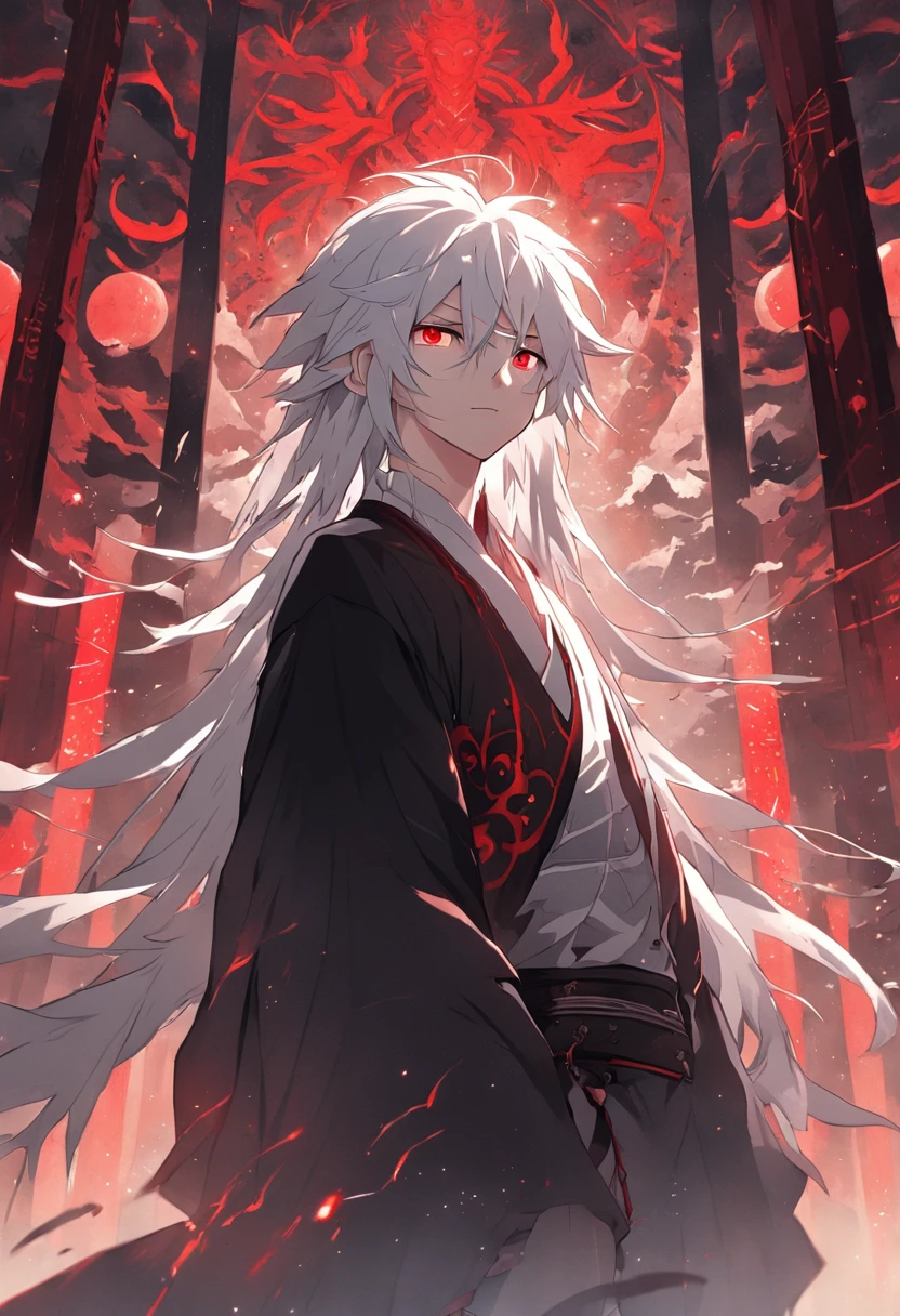 (masterpiece, illustration, anime:1.3), anime boy, Red Eyes, long white hair, oriental elements, in the dark, (classic black attire:1.2), standing inside a temple at night, (messy white hair:1.1), (red eyes emitting red light:1.2), (calm expression:1.1), (uncovered eyes:1.1), (powerful presence:1.2), (mystical atmosphere:1.2), (subtle moonlight:1.1), (intricate temple architecture:1.2), (ominous shadows:1.1), (flowing robes:1.1), (detailed folds and creases:1.1), (intense blue aura:1.2), (symbols of power surrounding him:1.1), (magical energy radiating:1.2), (spellcasting gestures:1.1), (mysterious artifacts:1.1), (ethereal particles:1.1), (dynamic pose:1.2), (epic soundtrack:1.2), (sense of awe:1.1), (magical prowess:1.1)