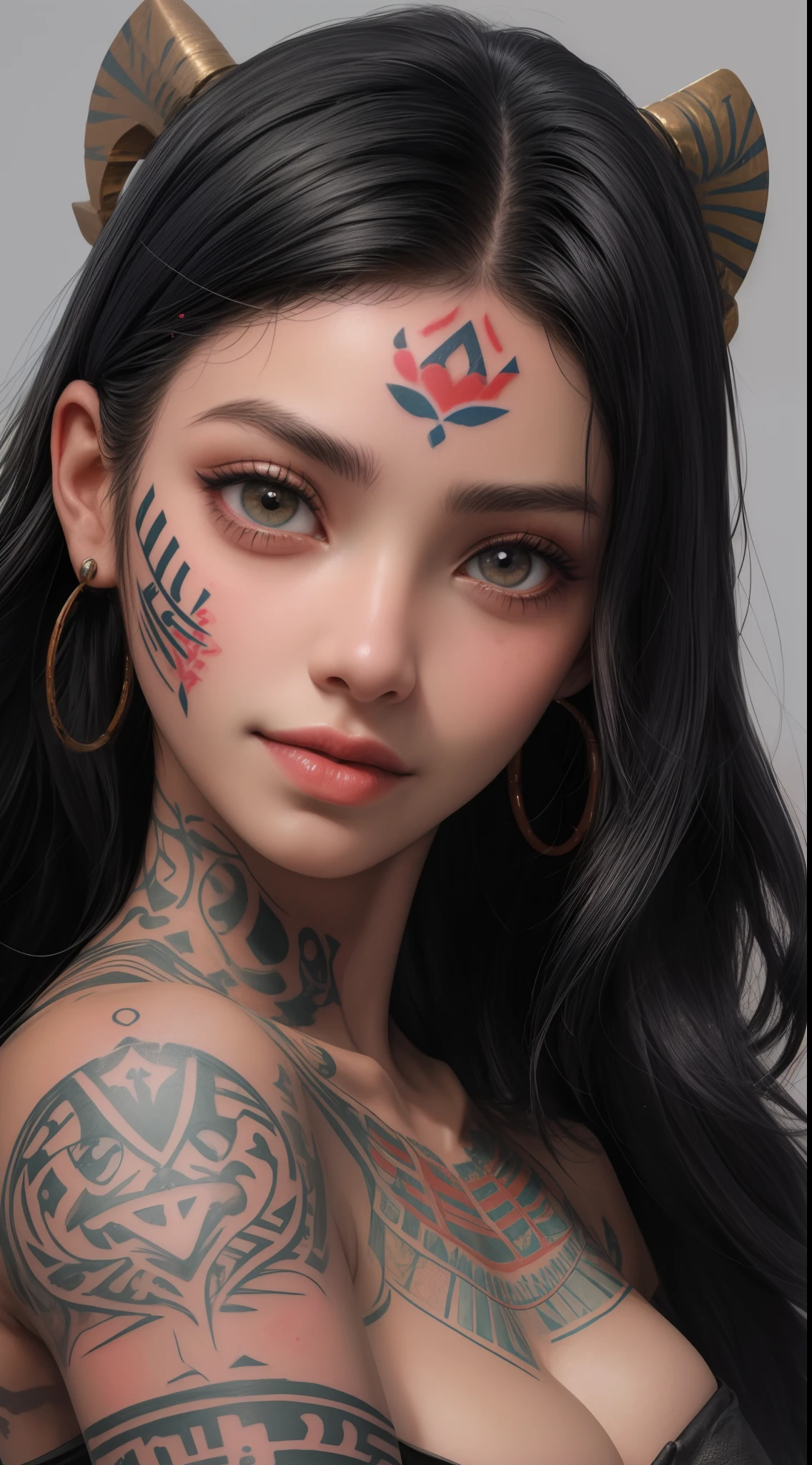 1closeup de uma garota  18 anos tatuada no rosto todo ((Egyptian)), ((cabelo curto e liso com franja)), sorrindo,((with various tattoos on his face)),( fleshy lips)olhos grandes,sardas no rosto ,batom vermelho,( pircing on the lip),colar, brinco, e maquiagem, Angle of the face up close, Looking at camera, ((imagem de perto))