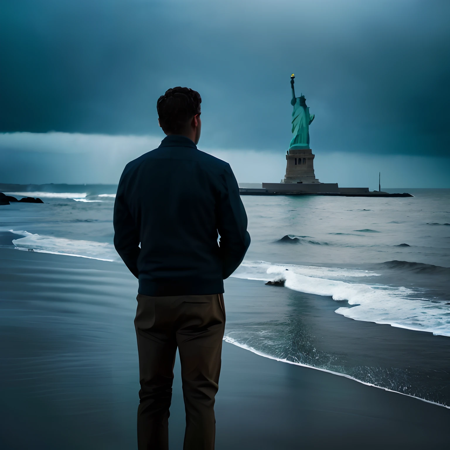 Arafeld man standing on the beach looking at the Statue of Liberty, the sea and storms behind him, Against the wind and waves, standing in a maelstrom, during a storm, a person standing in front of a, Located in the heart of New York City, looking at the ocean, photo of the statue of liberty, statue of liberty at left