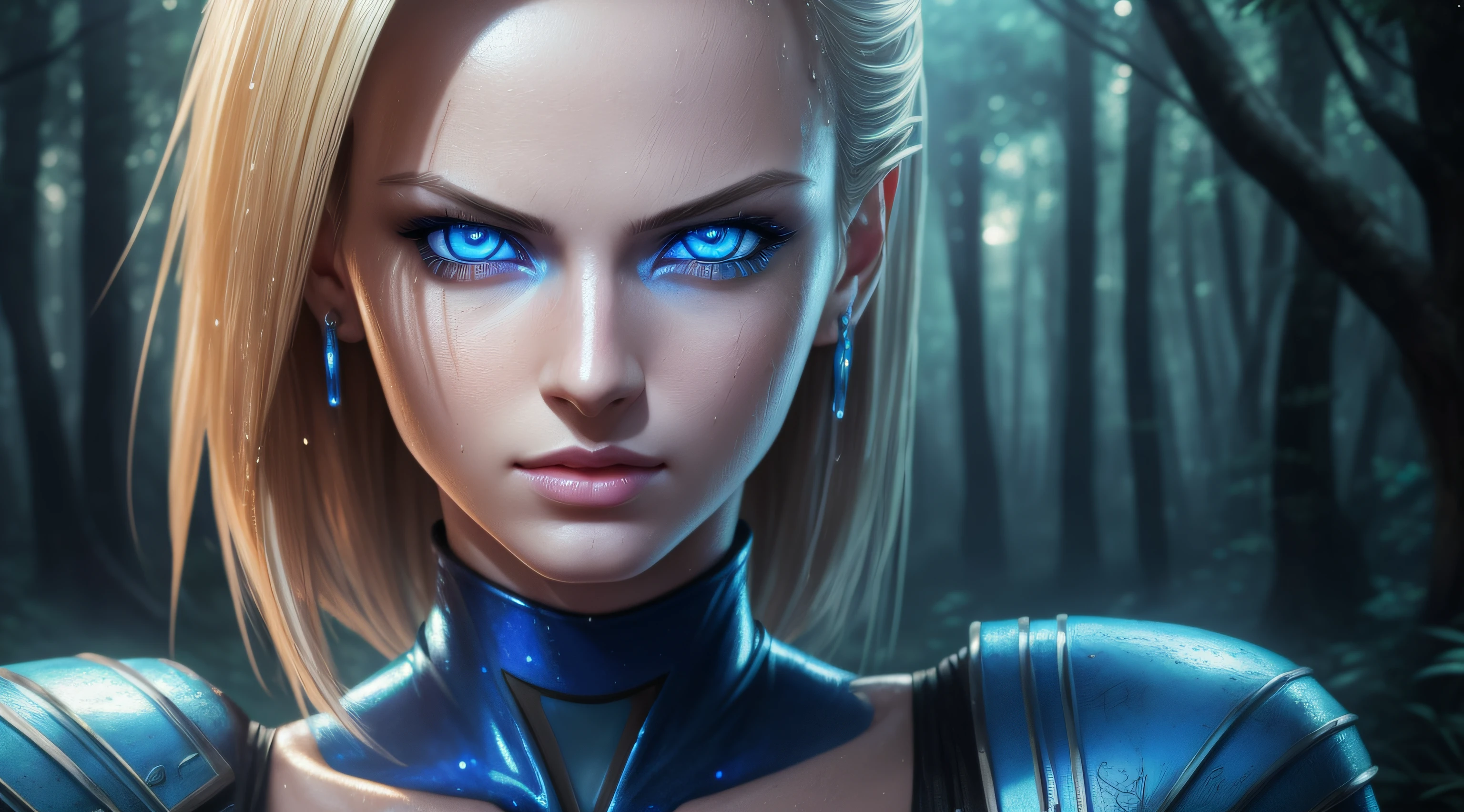 sexy android 18, Glow, seductive, glowing blue eyes , sexy , (ultra photorealistic:1.3), (masterpiece:1.4), best quality, ((realistic)), high quality, ultra detailed, ((real image)), ((realistic skin)), ((realistic face)),(illustration:1.05), (beautiful:1.05), (beautiful detailed eyes:1.05), (cinematic light:1.1), Extremely realistic , evil , wet , forest