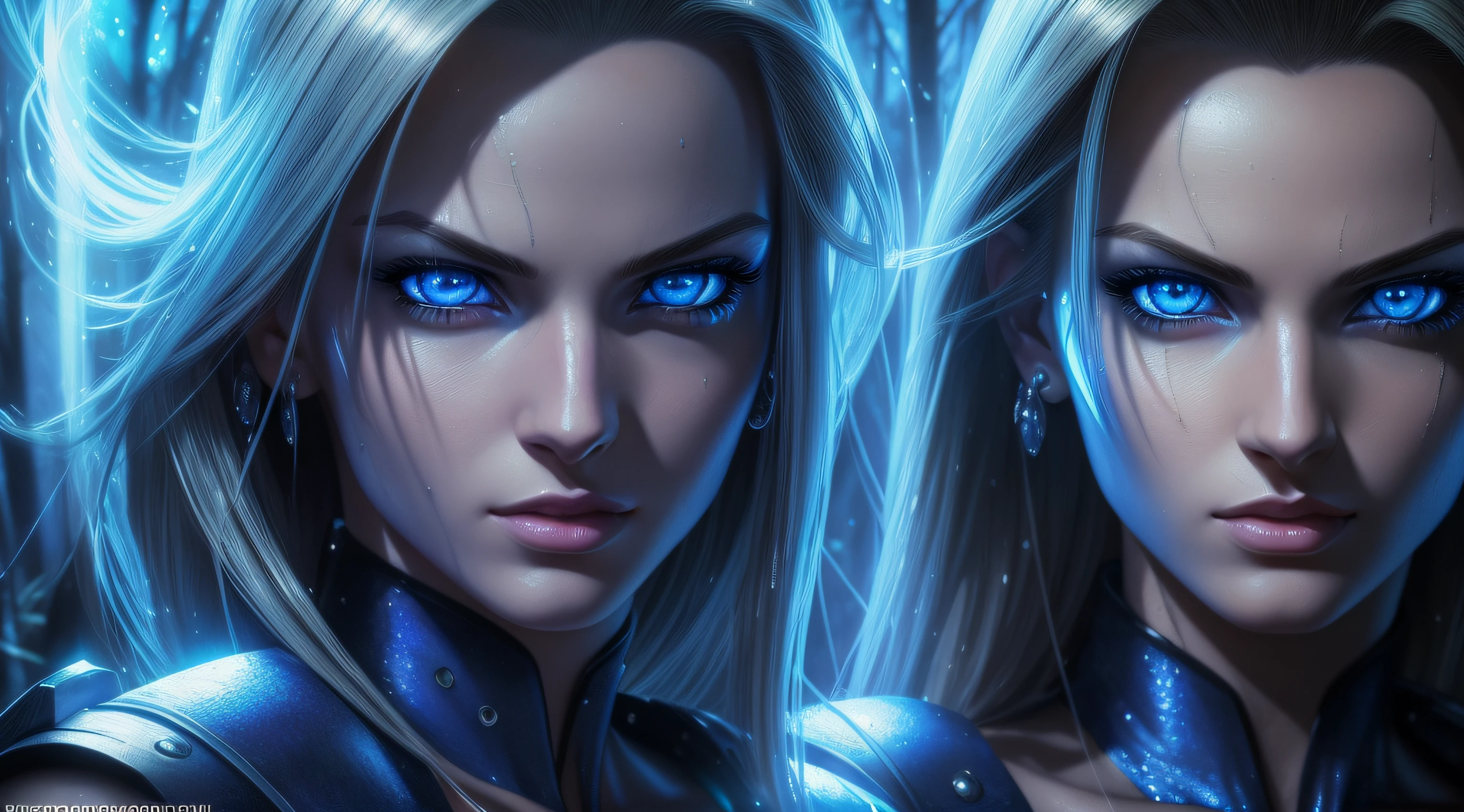 sexy android 18, Glow, seductive, glowing blue eyes , sexy , (ultra photorealistic:1.3), (masterpiece:1.4), best quality, ((realistic)), high quality, ultra detailed, ((real image)), ((realistic skin)), ((realistic face)),(illustration:1.05), (beautiful:1.05), (beautiful detailed eyes:1.05), (cinematic light:1.1), Extremely realistic , evil , wet , forest