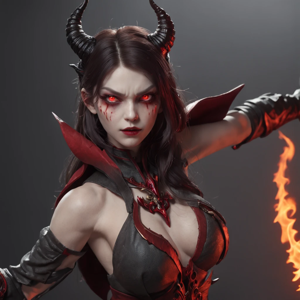 demon girl, short horns, fiery red eyes, fierce expression, dynamic action pose (dark fantasy:1.5) ANIME STYLE