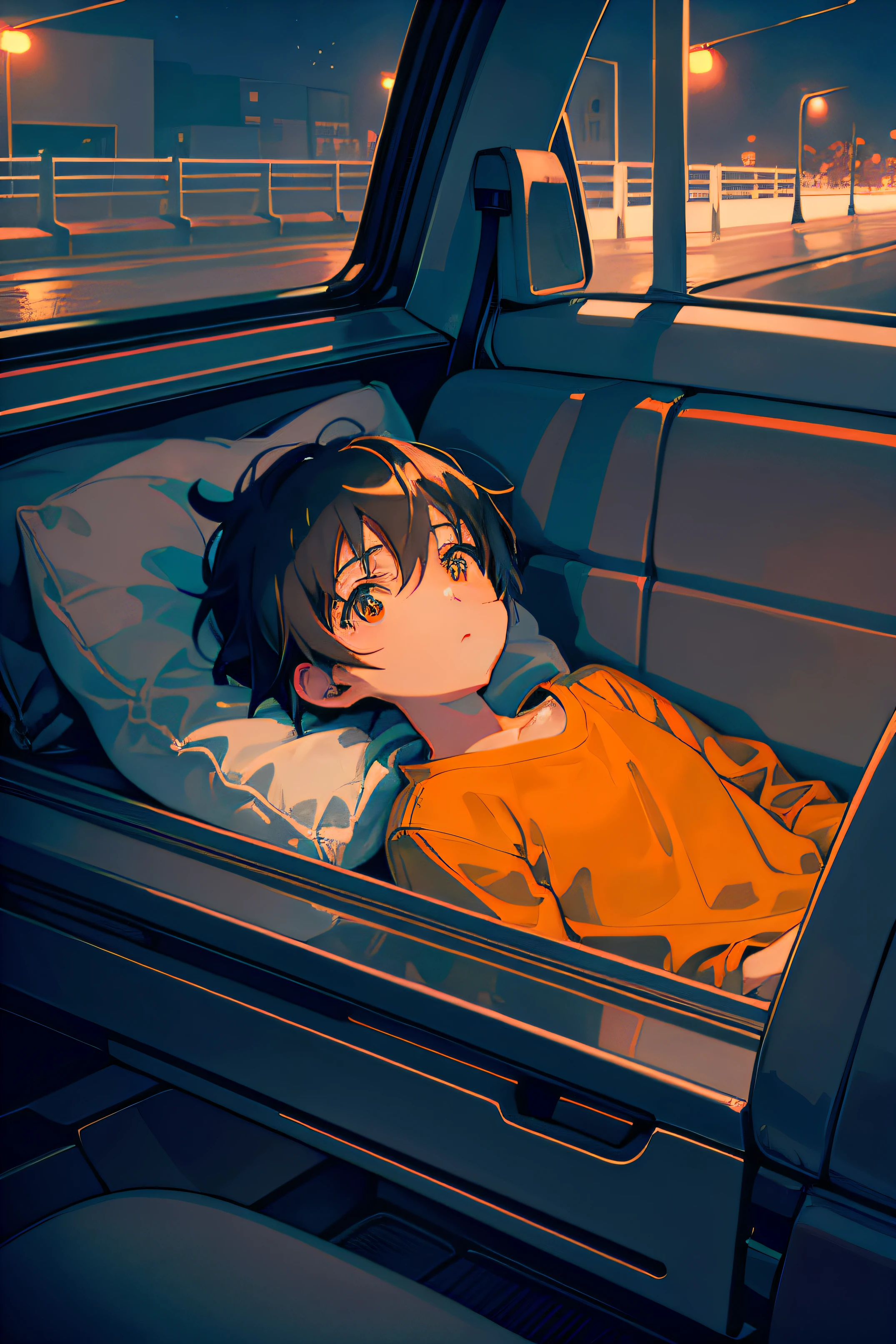 in the style of makoto shinkai, superfine illustration, Best Quality, From the window of the back seat of the car, You can see the glow of the orange streetlights. Inside, Lying child staring at orange streetlight. The warm and nostalgic atmosphere of the orange lights against the background of night、Attracts the attention of children.