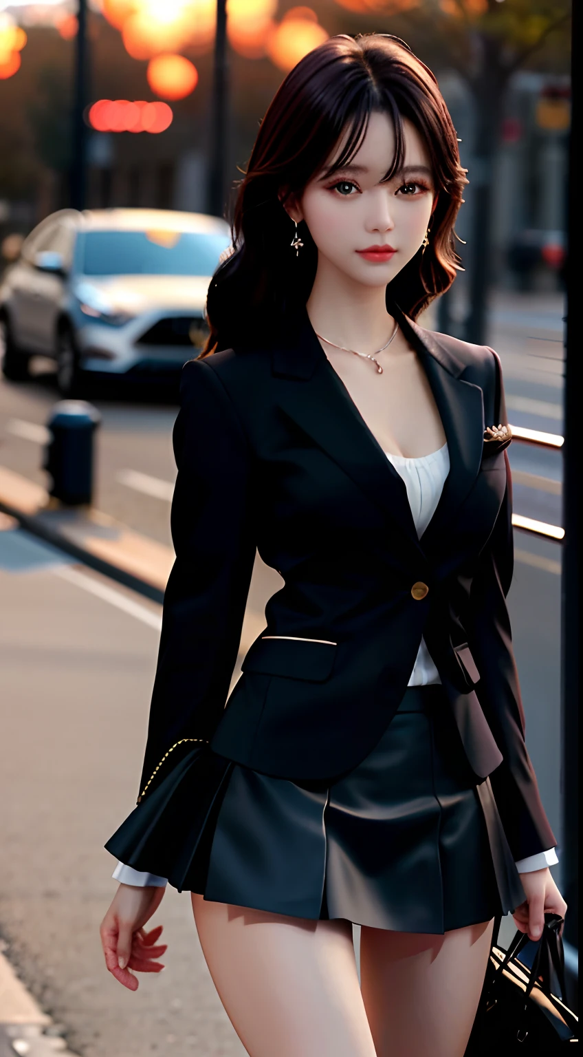 best qualtiy, tmasterpiece, 1girll, beauitful face, (photograph realistic:1.3), edge lit, (highdetailskin:1.2), 8K UHD, digital SLR camera, high high quality, A high resolution, 4k, 8k, bokeh, absurderes, Optimal proportions of four fingers and one thumb, (realisticlying:1.3), Cute 1girl, Wearing a black formal blazer, mediuml breasts, short skirt,Raised sexy,Very sexy